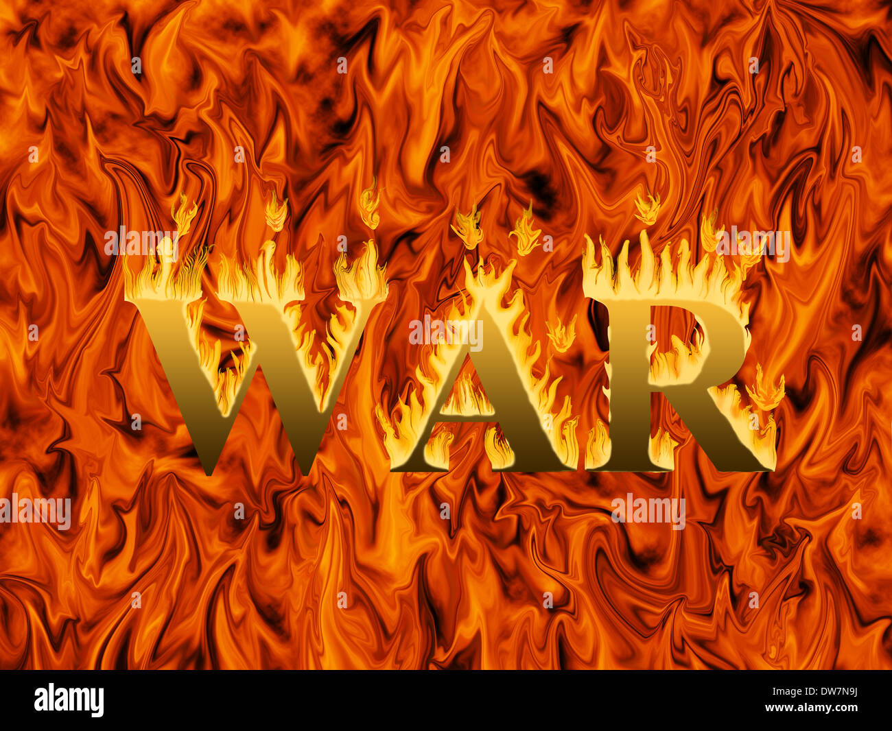 Palabra guerra envuelta en llamas sobre fondo infernal - Concepto de destrucción y las penurias de la guerra Foto de stock