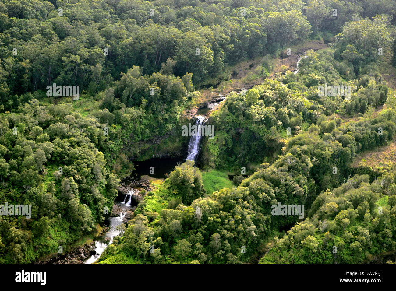 Vista aérea de la cascada en el lado de hilo de Big Island, Hawaii, EE.UU. Foto de stock