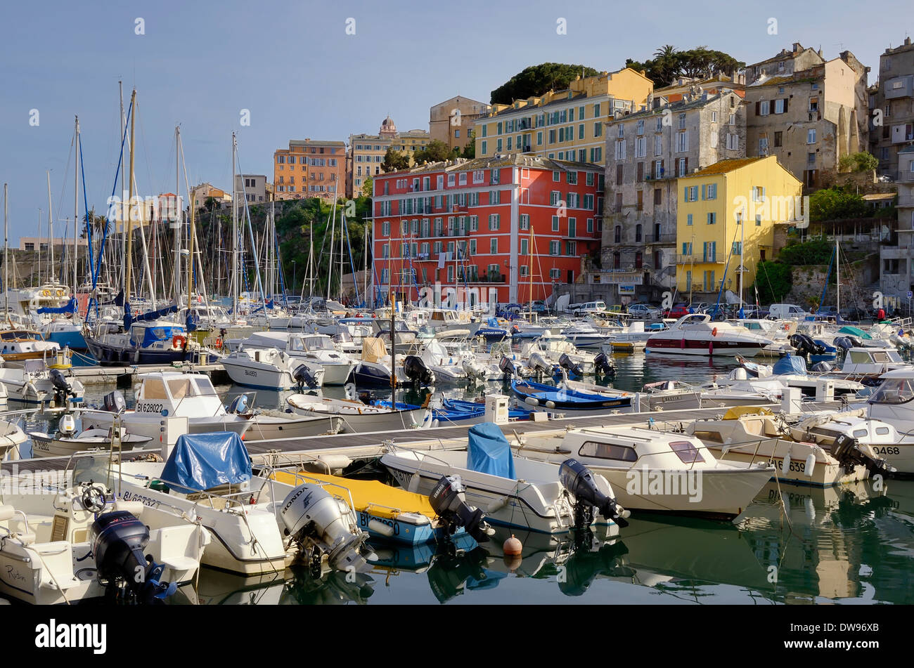 Veleros en el Club Neptuno Bastiais, marina en el viejo puerto, Port de plaisance o Vieux Port, el centro histórico, el Bastia Foto de stock