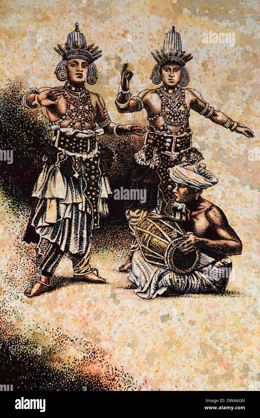 Sri Lanka, Kandy, la pintura de la pared, imagen histórica, bailarines, Foto de stock