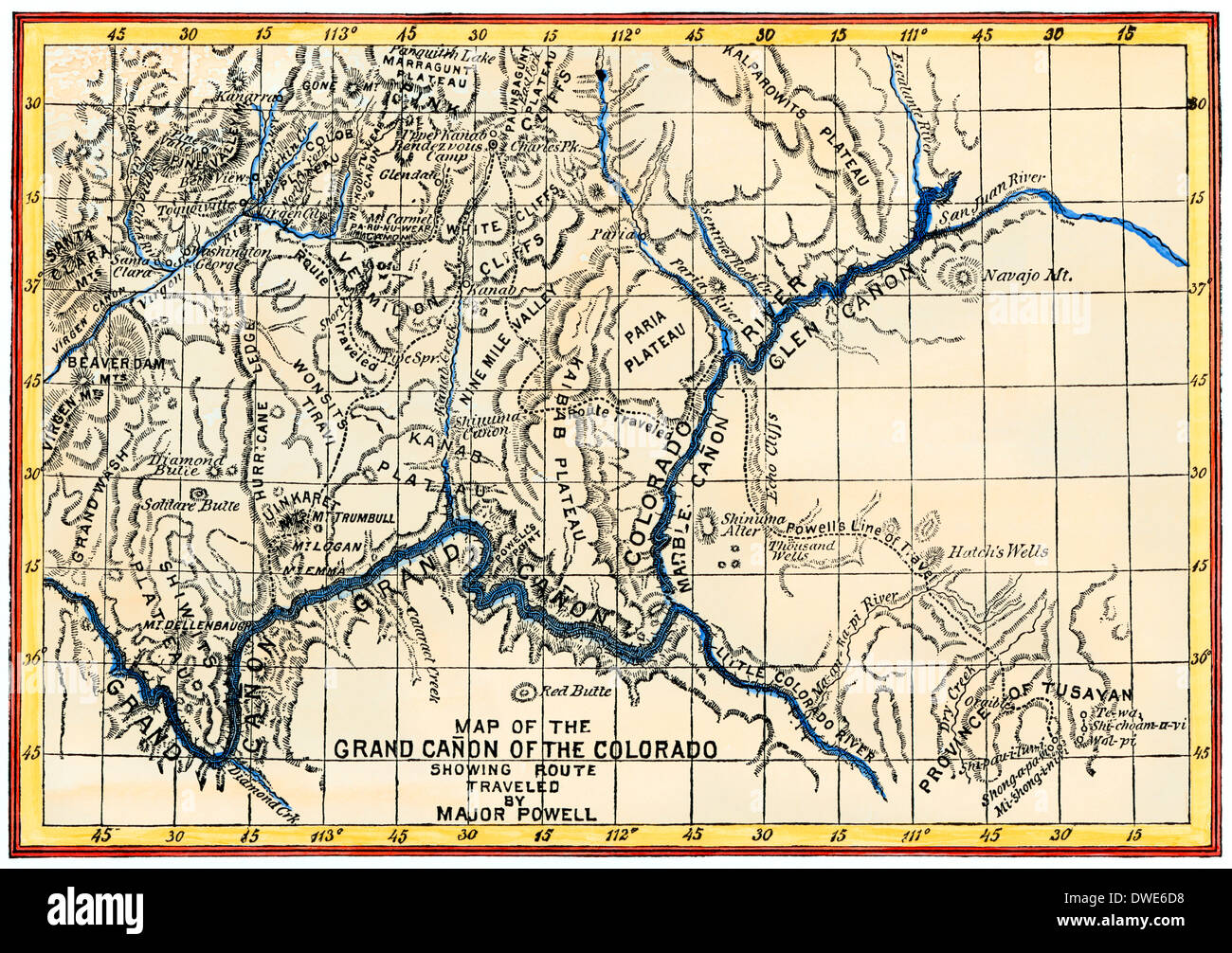 Mapa del Grand Canyon dibujado por la expedición Powell, 1870. Xilografía coloreada digitalmente Foto de stock
