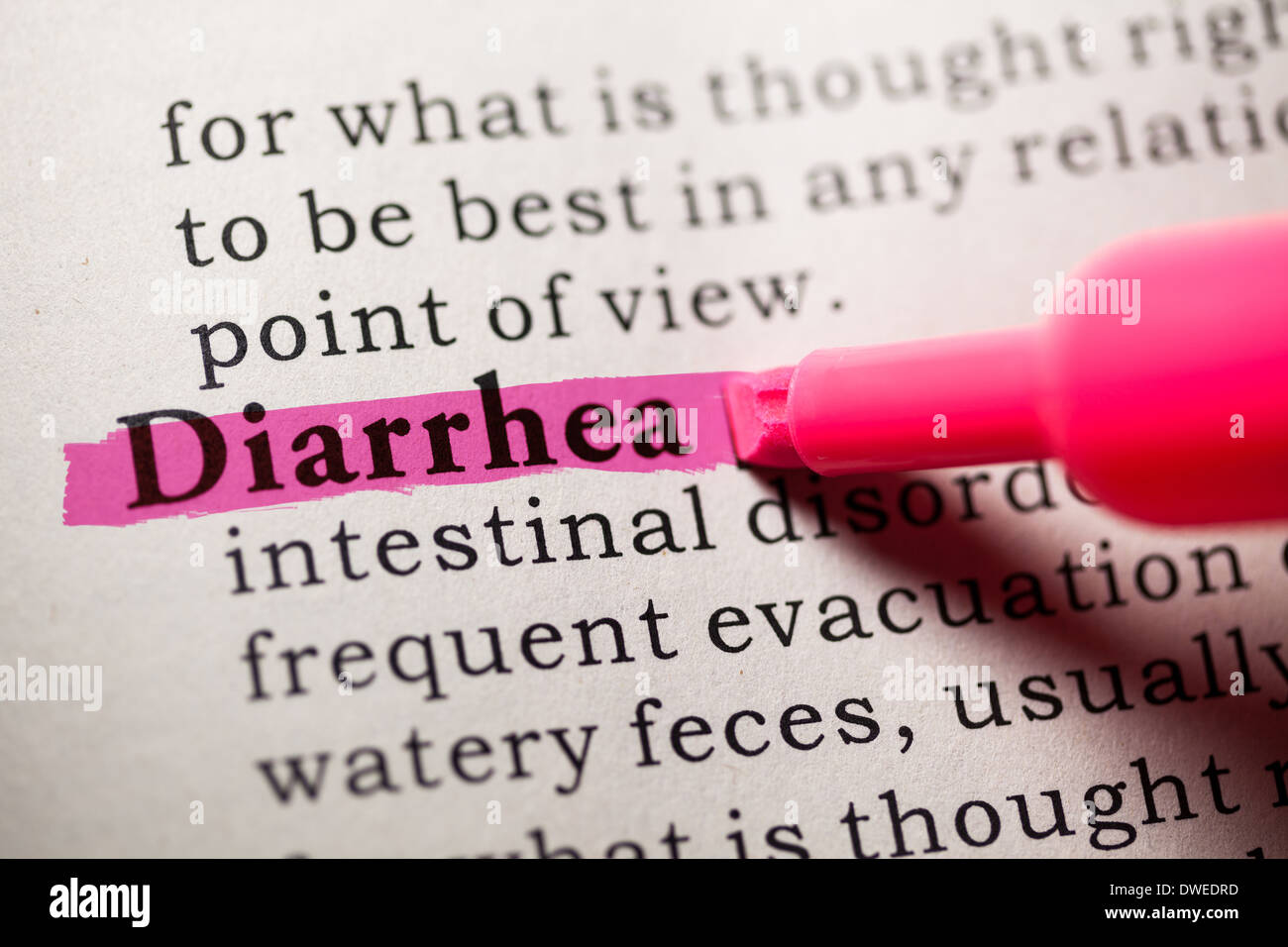 Diccionario de falsos, definición de diccionario de la palabra diarrea. Foto de stock