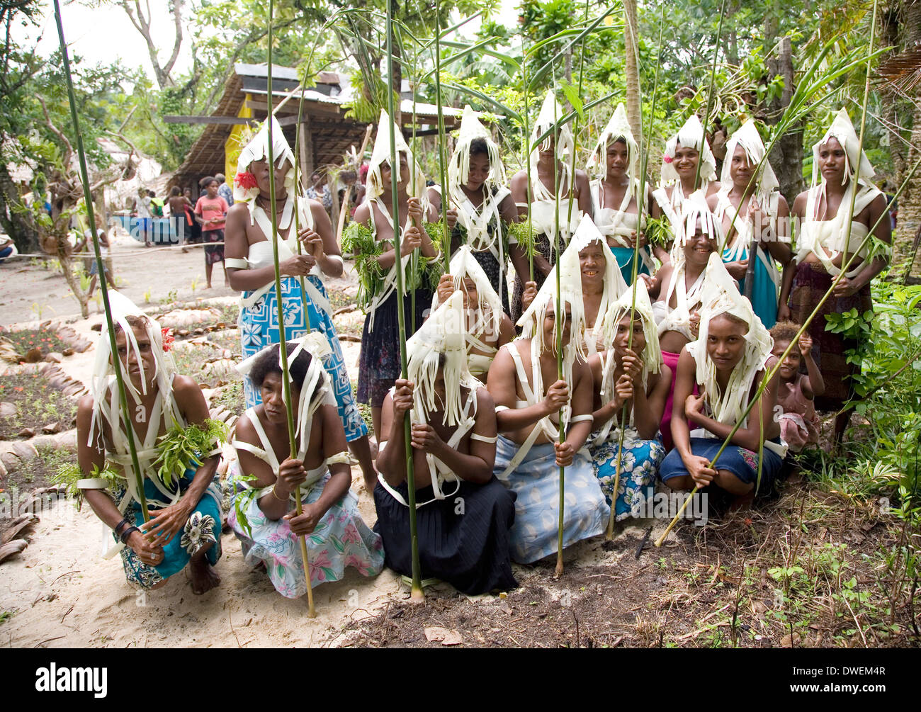 Un grupo de jóvenes bailarines de Nafinuatogo aldea con disfraces hechos a  partir de árboles de plátano, Isla Santa Ana, Islas Salomón Fotografía de  stock - Alamy