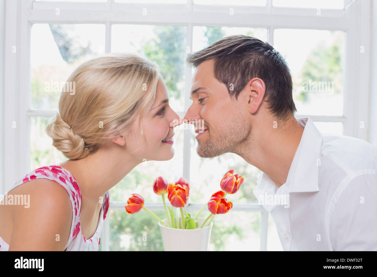 Vista lateral de una pareja romántica frotando la nariz Foto de stock