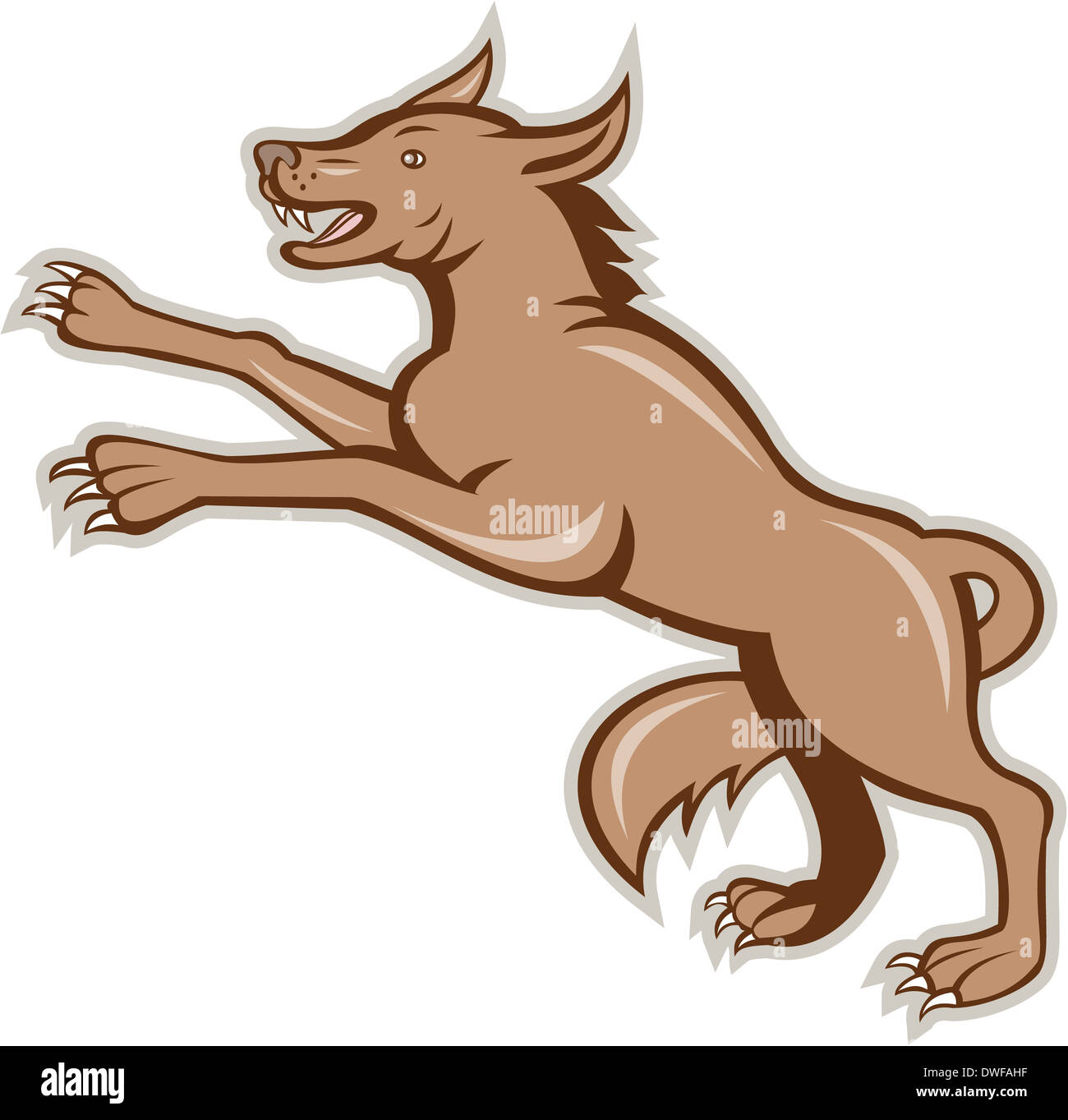 Ilustración de un furioso perro salvaje wolf en las patas traseras (vista lateral realizada en estilo de dibujos animados sobre el aislamiento del fondo. Foto de stock