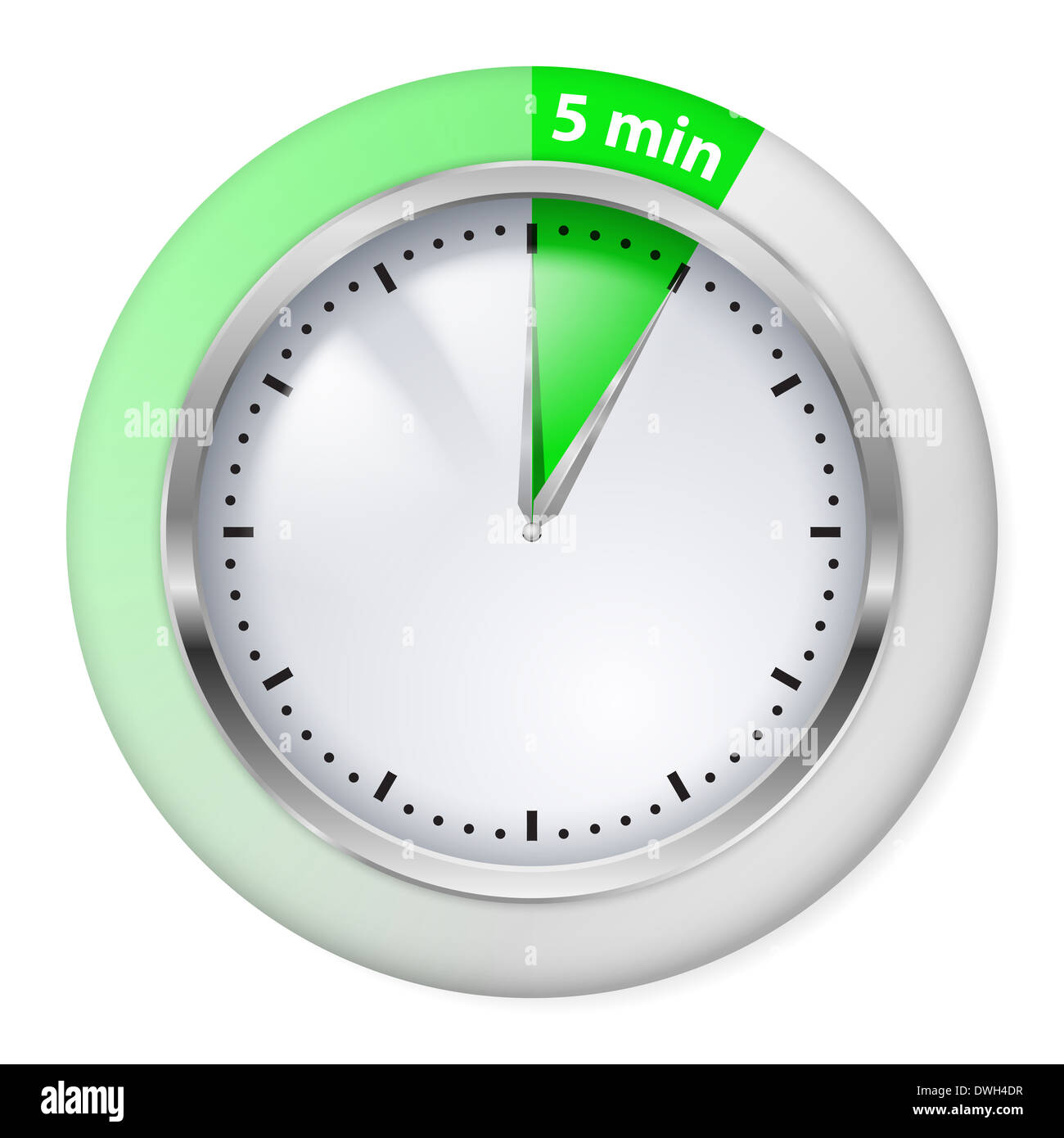 El icono del temporizador verde. Cinco minutos. Ilustración en blanco. Foto de stock