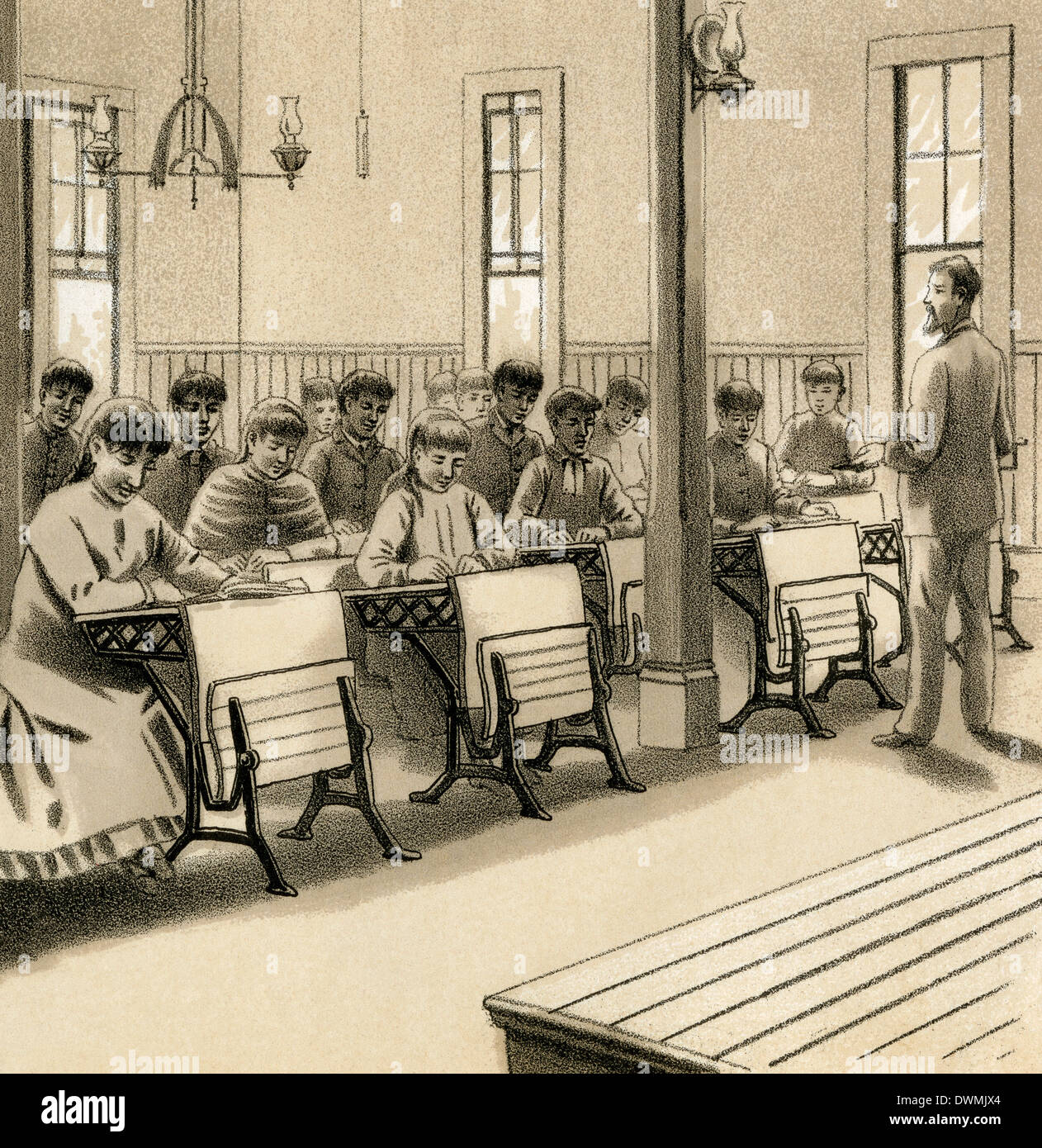 Aula de la Escuela India Chemawa en Salem, Oregon, de 1880. Grabado Foto de stock