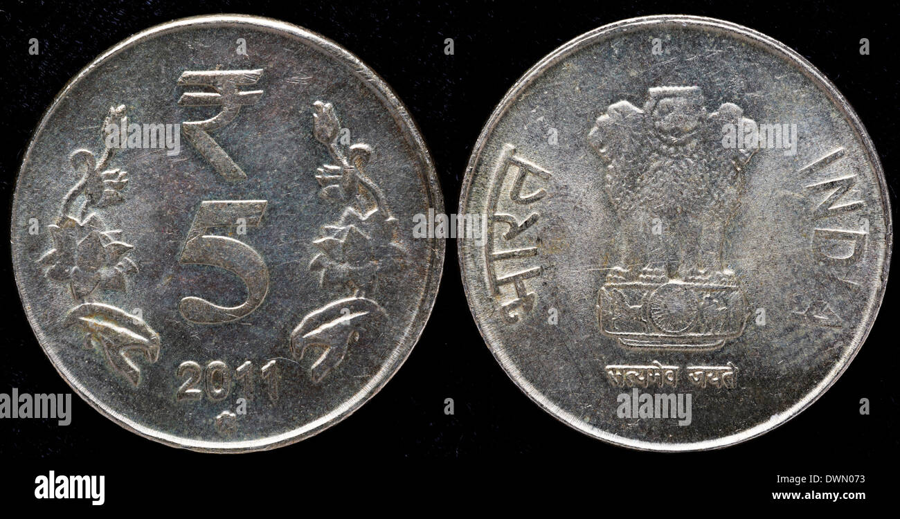 Moneda de 5 rupias, India, 2011 Foto de stock