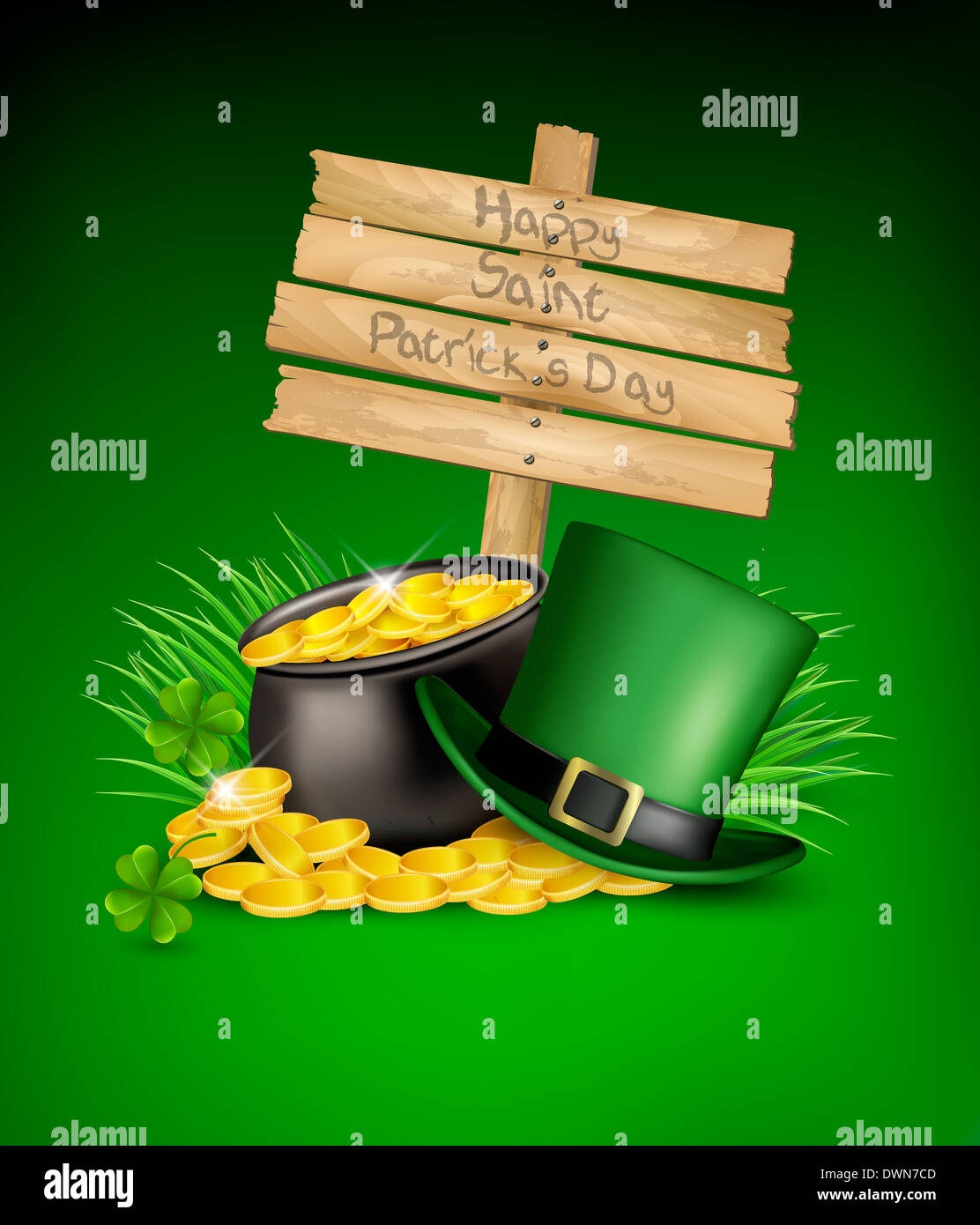 El Día de San Patricio el fondo con un signo, trébol, sombrero verde y  monedas de oro en un caldero. Ilustración vectorial Fotografía de stock -  Alamy