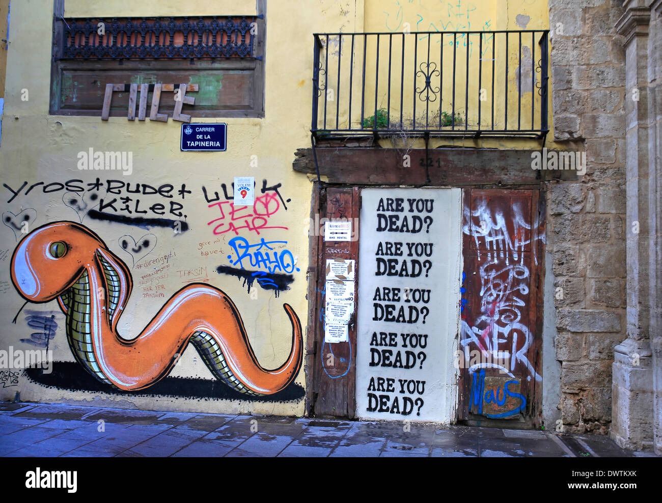Graffiti en una pared en el Carrer de la Tapineria, una angosta calle lateral en el centro de Valencia, España Foto de stock