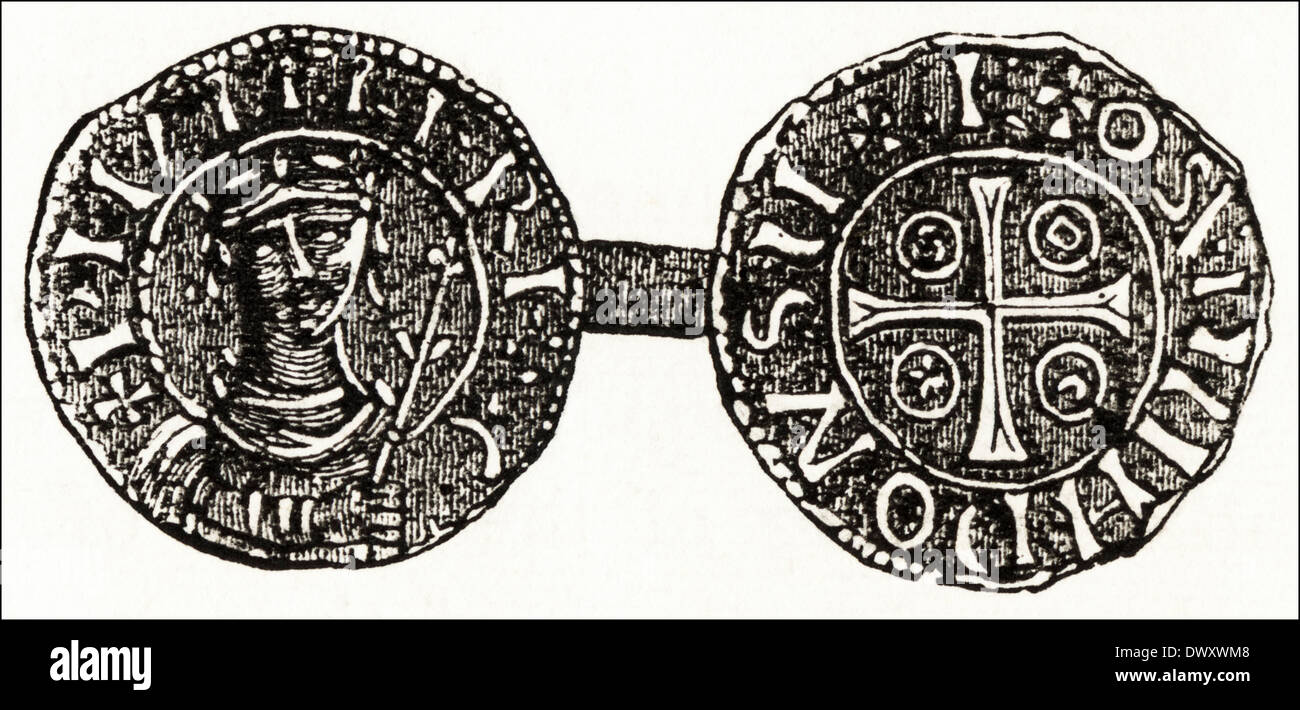 Plata penique de Stephen Siglo XII Rey de Inglaterra. Xilografía victoriano circa 1845 Foto de stock