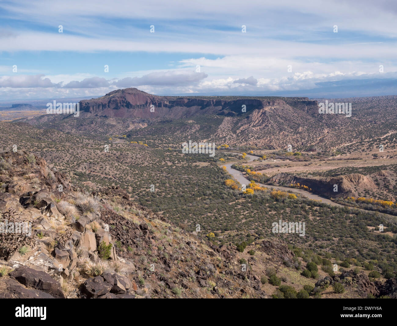 Una vista a lo largo del valle del Río Grande con árboles de chopo verde y amarillo, de Los Alamos, Nuevo México, EE.UU.. Foto de stock