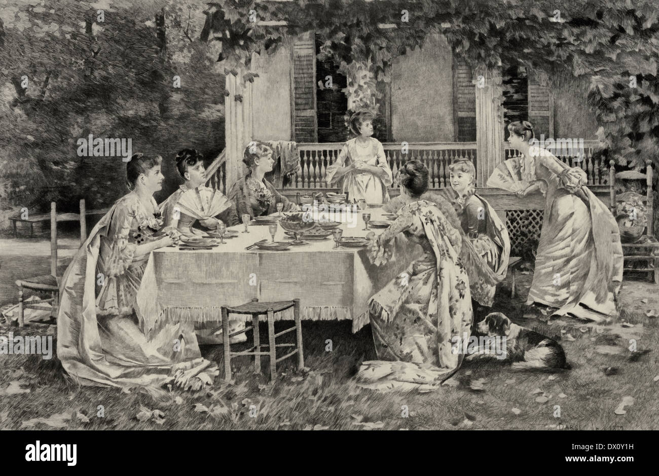 5 o'clock tea - Señoras disfrutando té fuera, circa 1888 Foto de stock