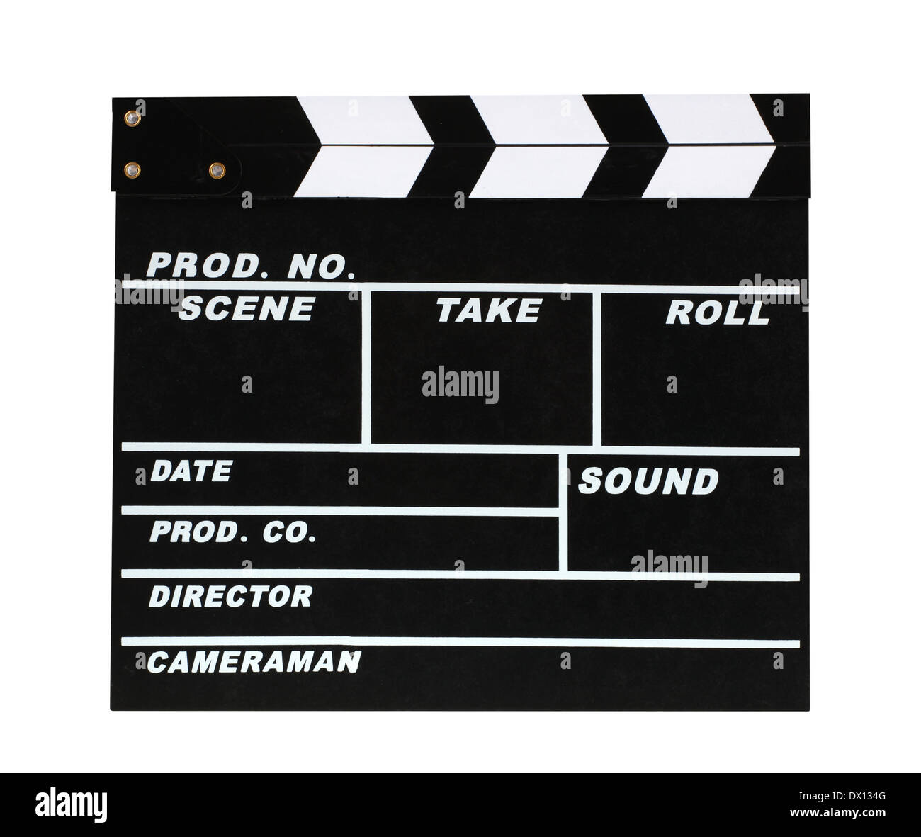 Producción de películas clapper board en blanco sobre fondo blanco. Foto de stock