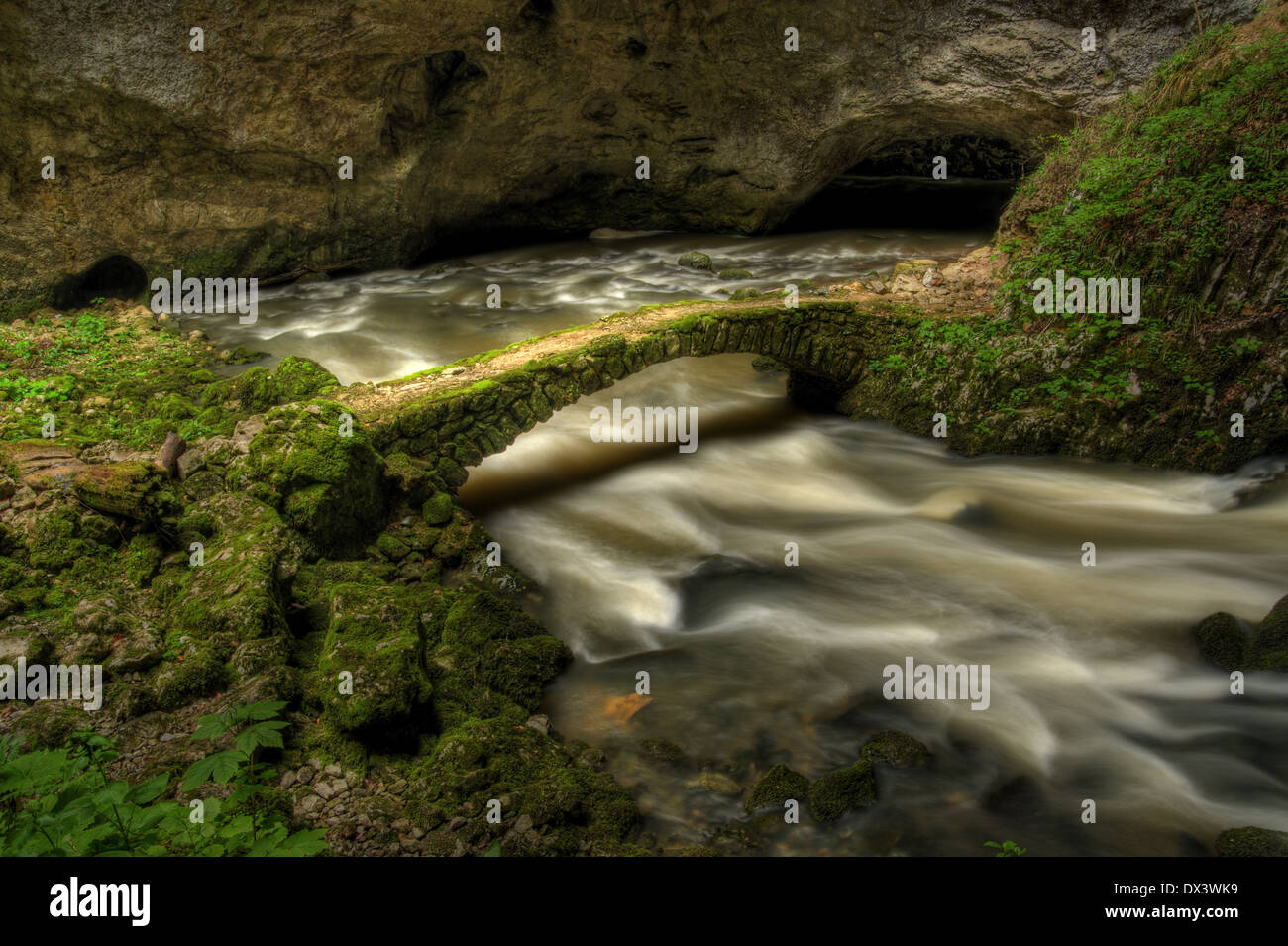 El caudal de los ríos a través de una cueva en el carst esloveno Foto de stock