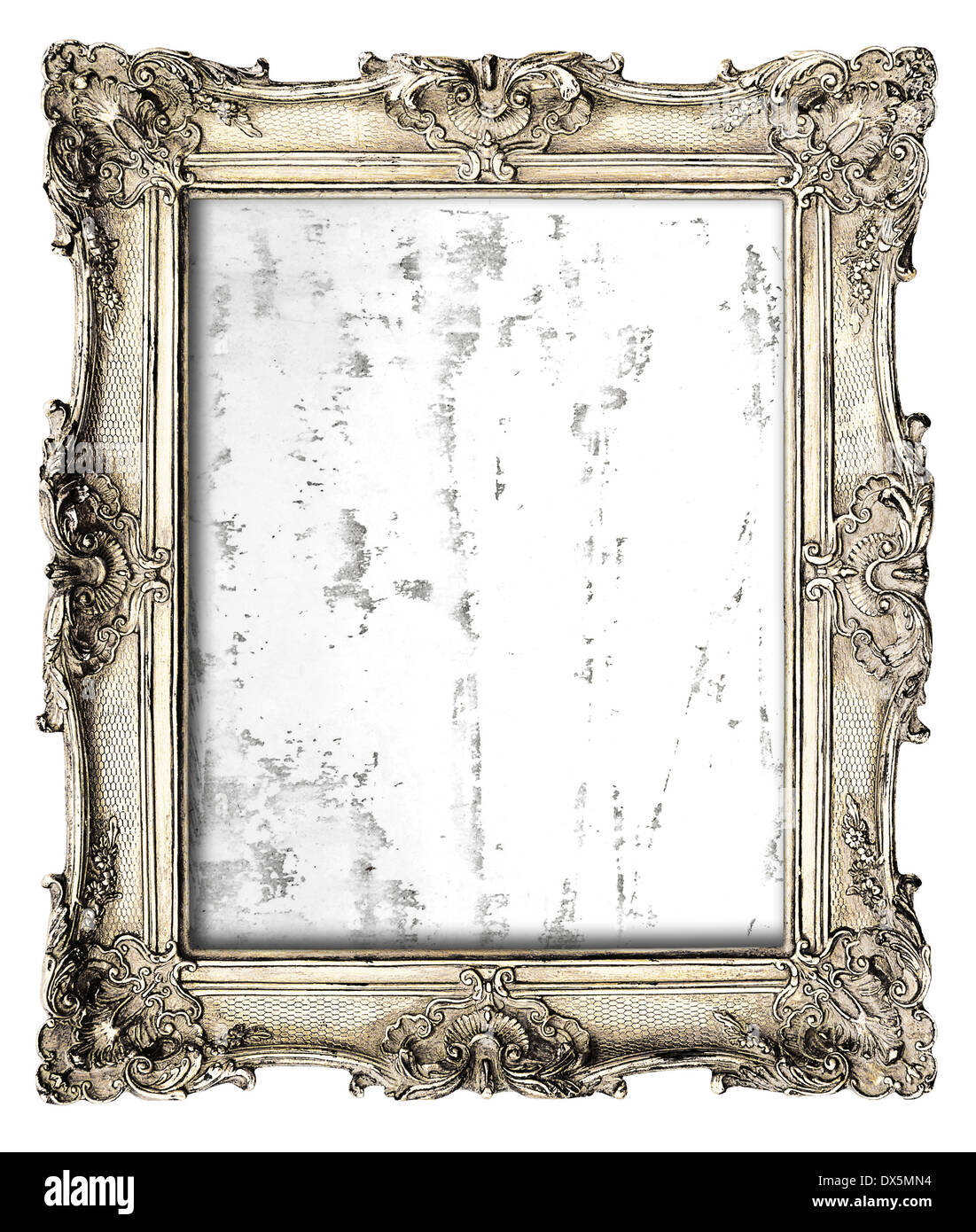Viejo marco de plata con lienzo grunge vacío: fotografía de stock