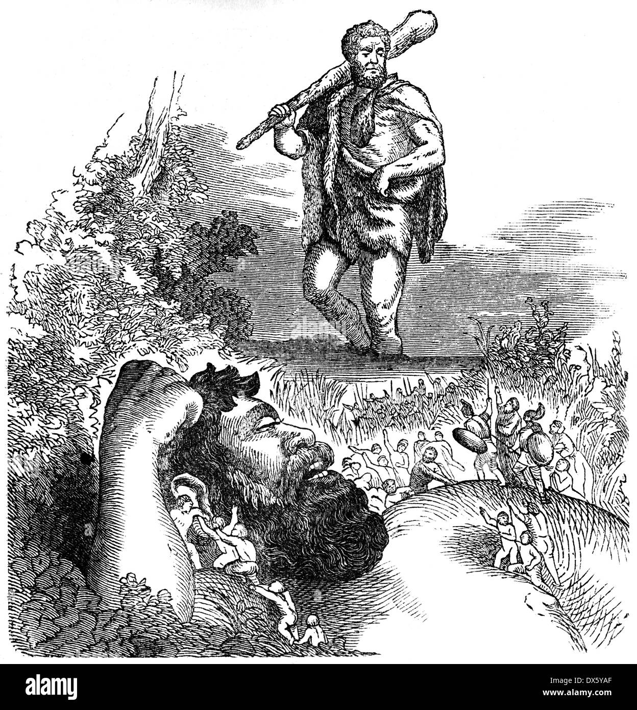 Heracles y pigmeos, ilustración del libro de fecha 1878 Foto de stock