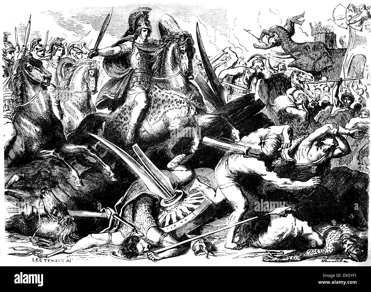 Alejandro Magno en la batalla de Gaugamela, ilustración del libro de fecha 1878 Foto de stock