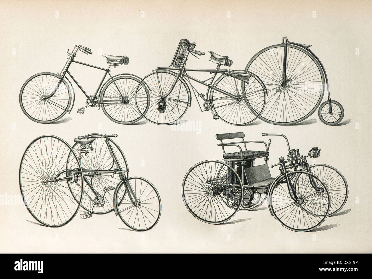Tipos de bicicletas antiguas de principios del siglo XX. vintage grabado  Fotografía de stock - Alamy
