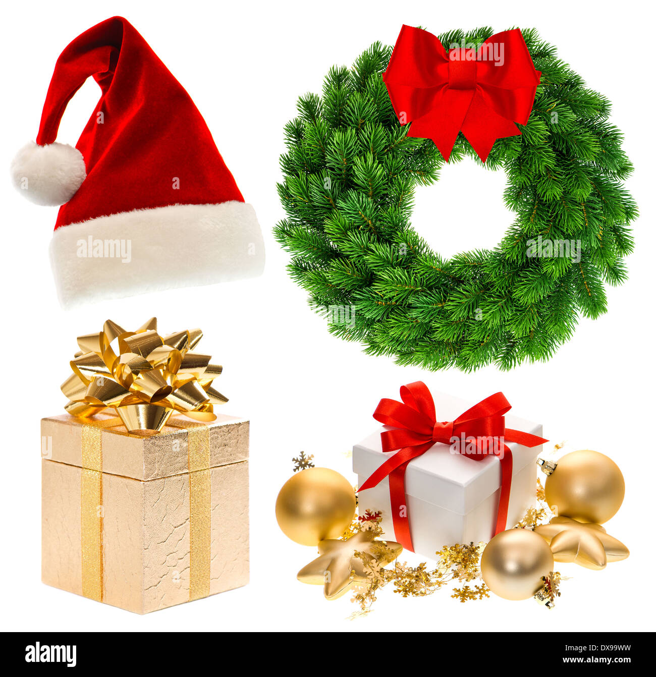 Colección de Navidad aislado sobre fondo blanco. Gorro de Papá Noel, regalos, chucherías, corona Foto de stock