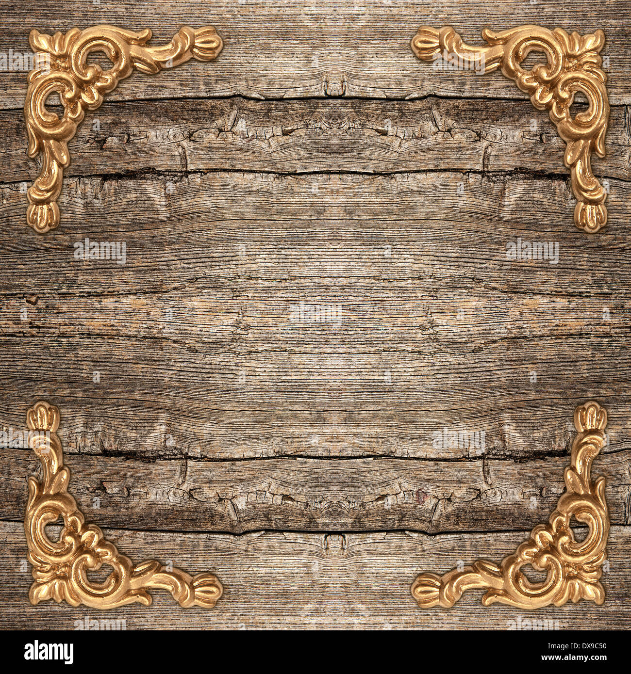 Fondo de madera rústica con marco dorado vintage de esquina. Foto de stock