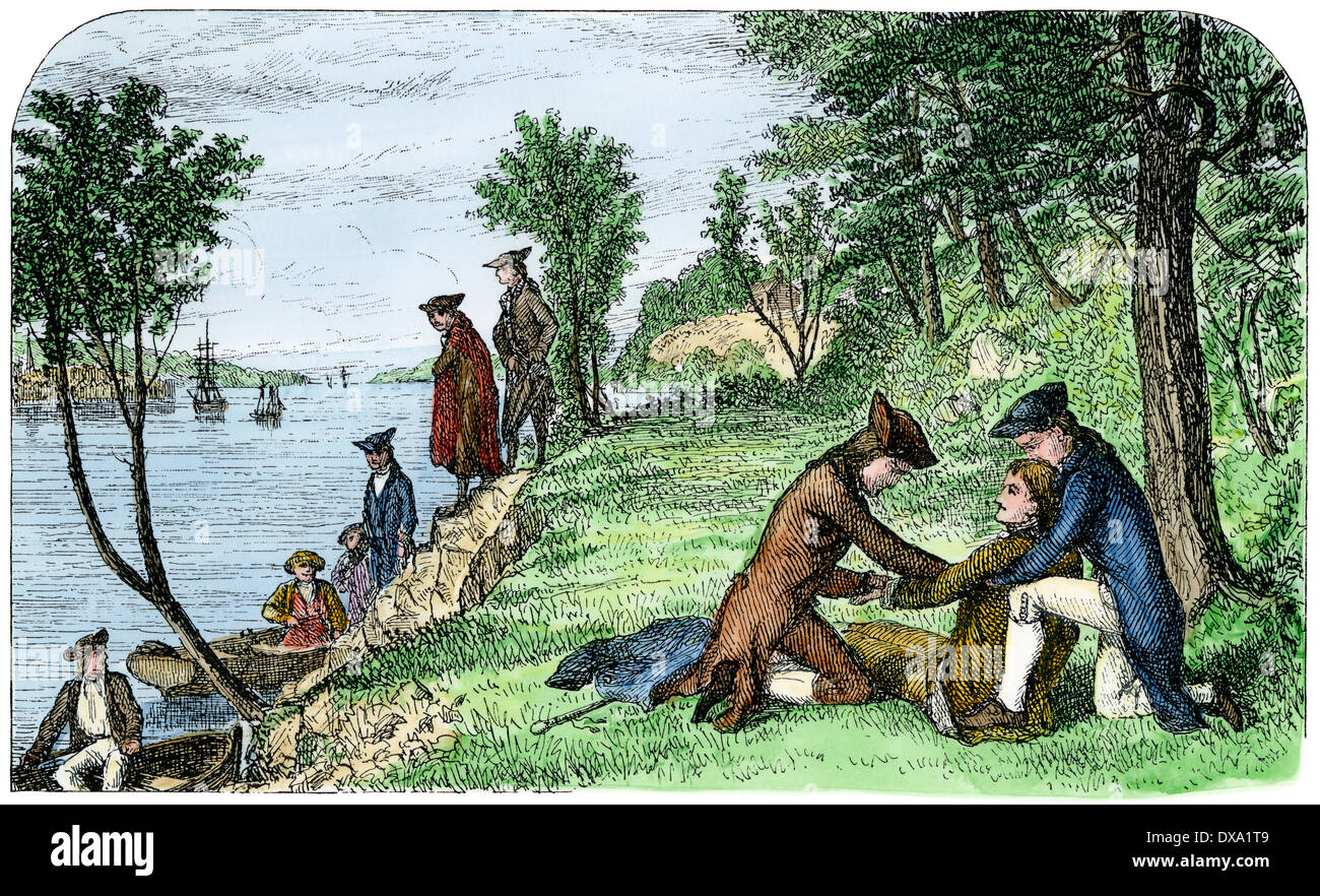 Alexander Hamilton, muriendo después de su pistola duelo con Aaron Burr, 1804. Xilografía coloreada a mano Foto de stock