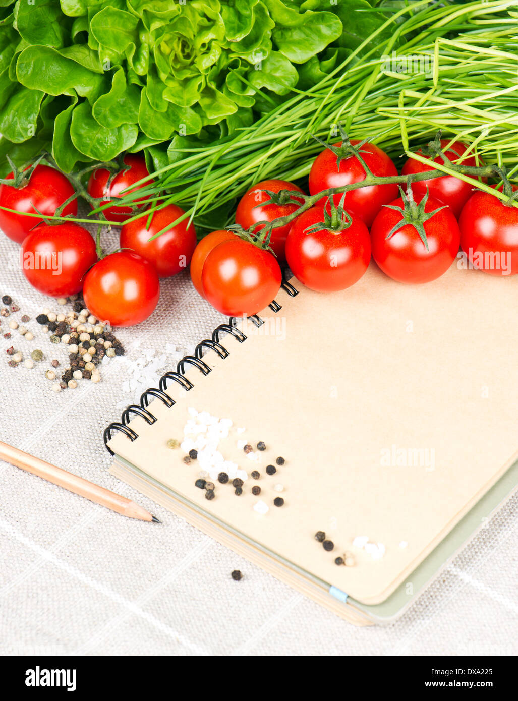Bloc de notas abierto con los tomates, las cebolletas y especias Foto de stock