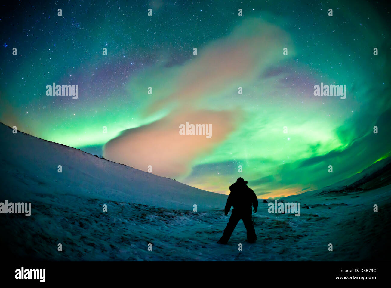 Un cielo llenando las Luces del Norte (Aurora Borealis) mostrar en el norte de Suecia. ISO alta - contiene ruido. Foto de stock