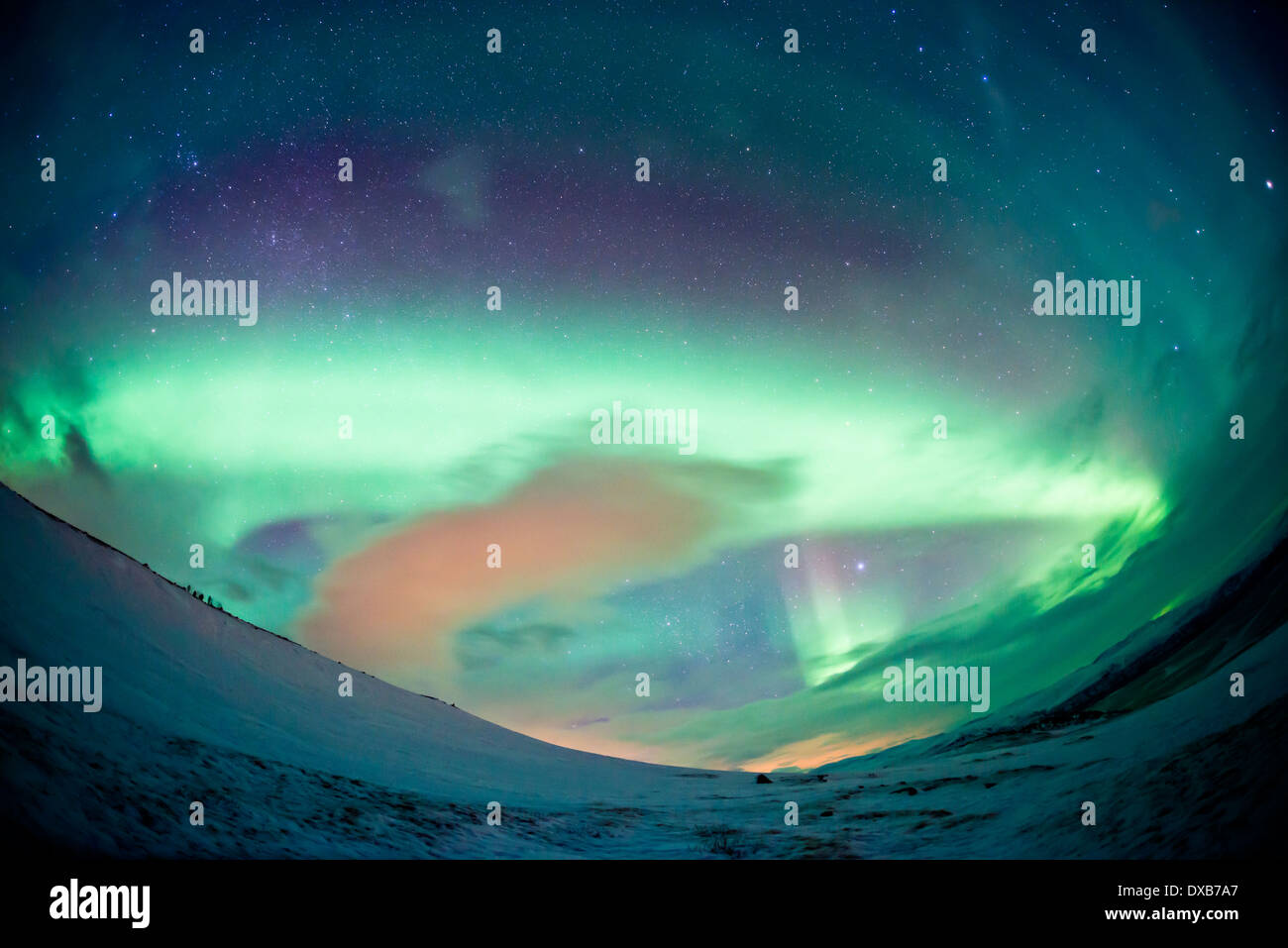 Un cielo llenando las Luces del Norte (Aurora Borealis) mostrar en el norte de Suecia. ISO alta - contiene ruido. Foto de stock
