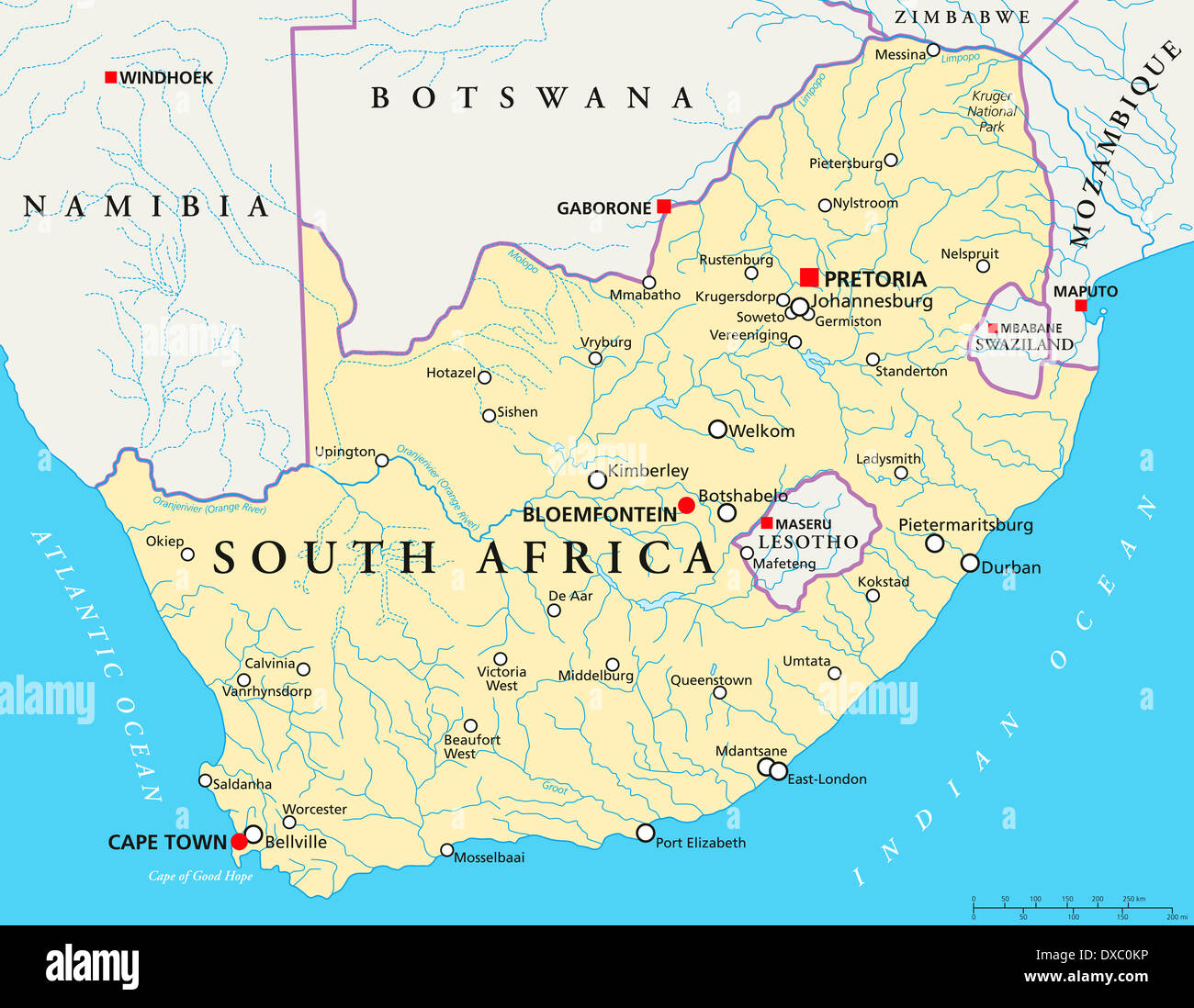 Mapa político de Sudáfrica con capiteles Pretoria, Bloemfontein y Ciudad  del Cabo, con fronteras nacionales, ciudades, ríos, lagos Fotografía de  stock - Alamy