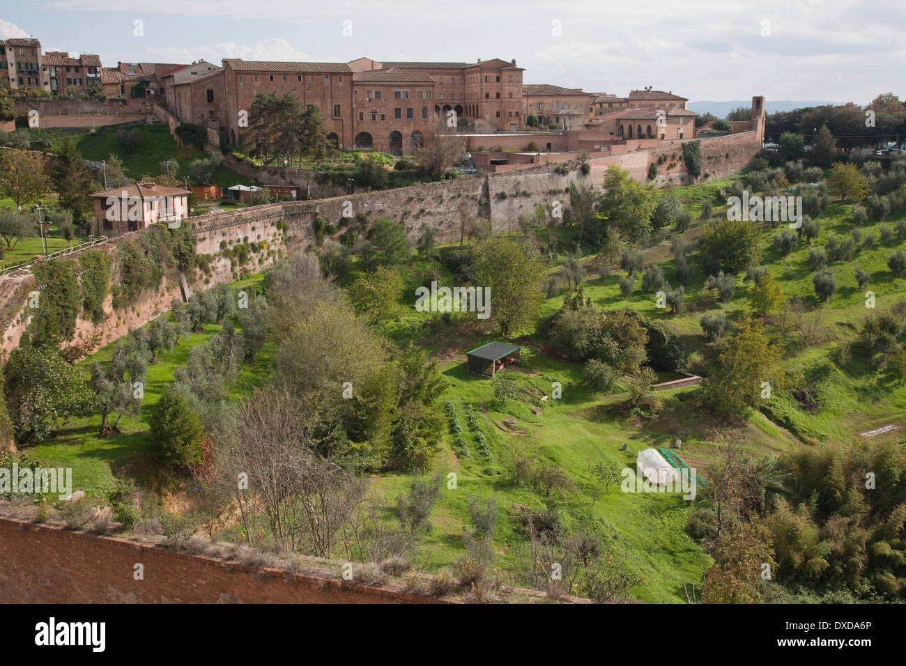 Vistas de las murallas de la ciudad de Siena, Toscana, Italia a las verdes colinas de la campiña. Foto de stock