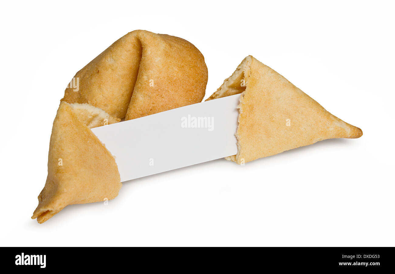 Fortune Cookie chino con tira de papel en blanco para su propio mensaje ¡buena suerte! Foto de stock