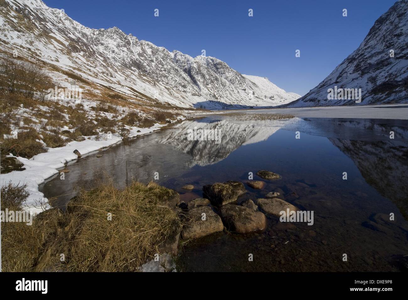 Reflexiones de invierno en el pase de Glencoe, West Highlands. Foto de stock