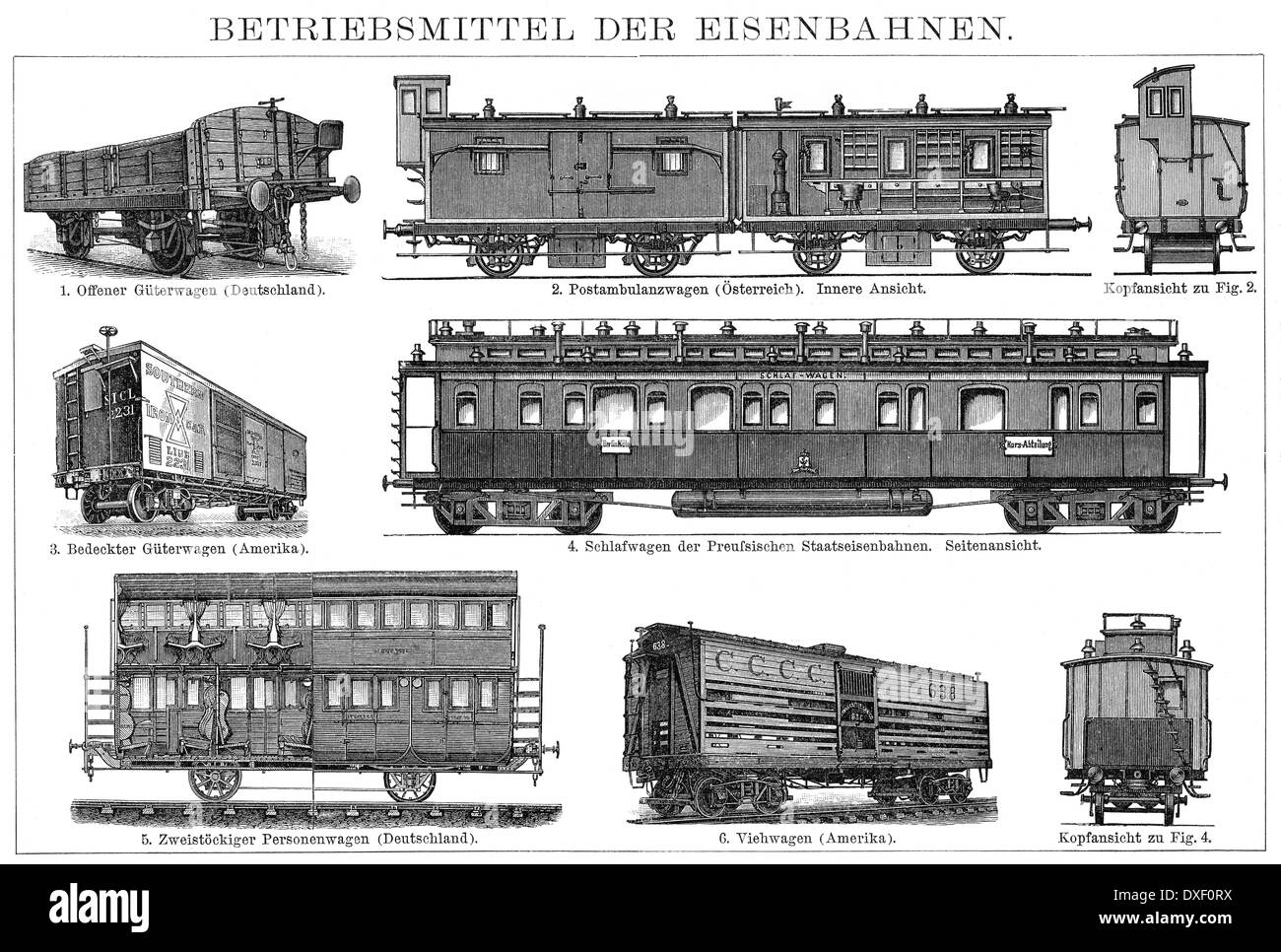 Ilustración histórica, vagones ferroviarios especiales del siglo XIX. Foto de stock
