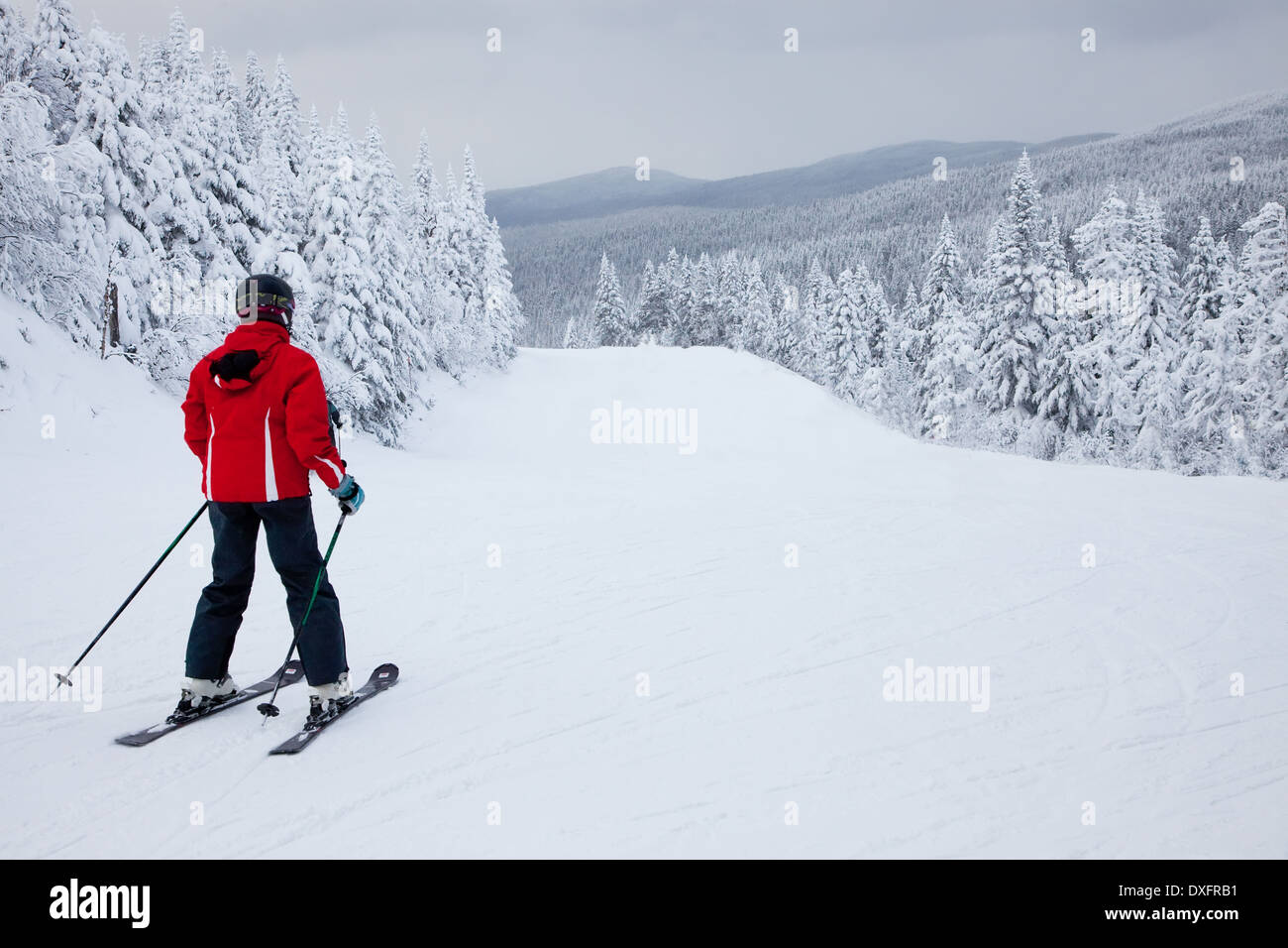 Mont-Tremblant, Quebec, Canadá - 9 de febrero de 2014: un solitario esquiador se desliza por una pendiente fácil al resort de esquí Mont-Tremblant. Foto de stock