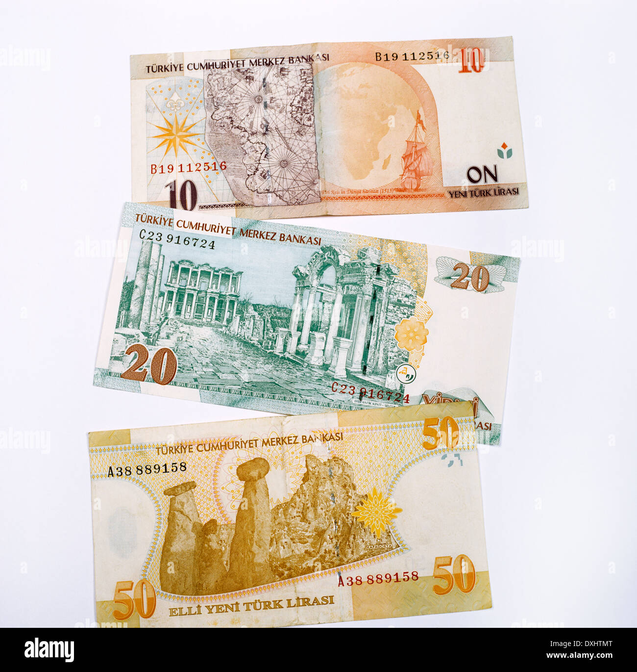 Banco turco en las notas 10, 20, 50 liras Foto de stock