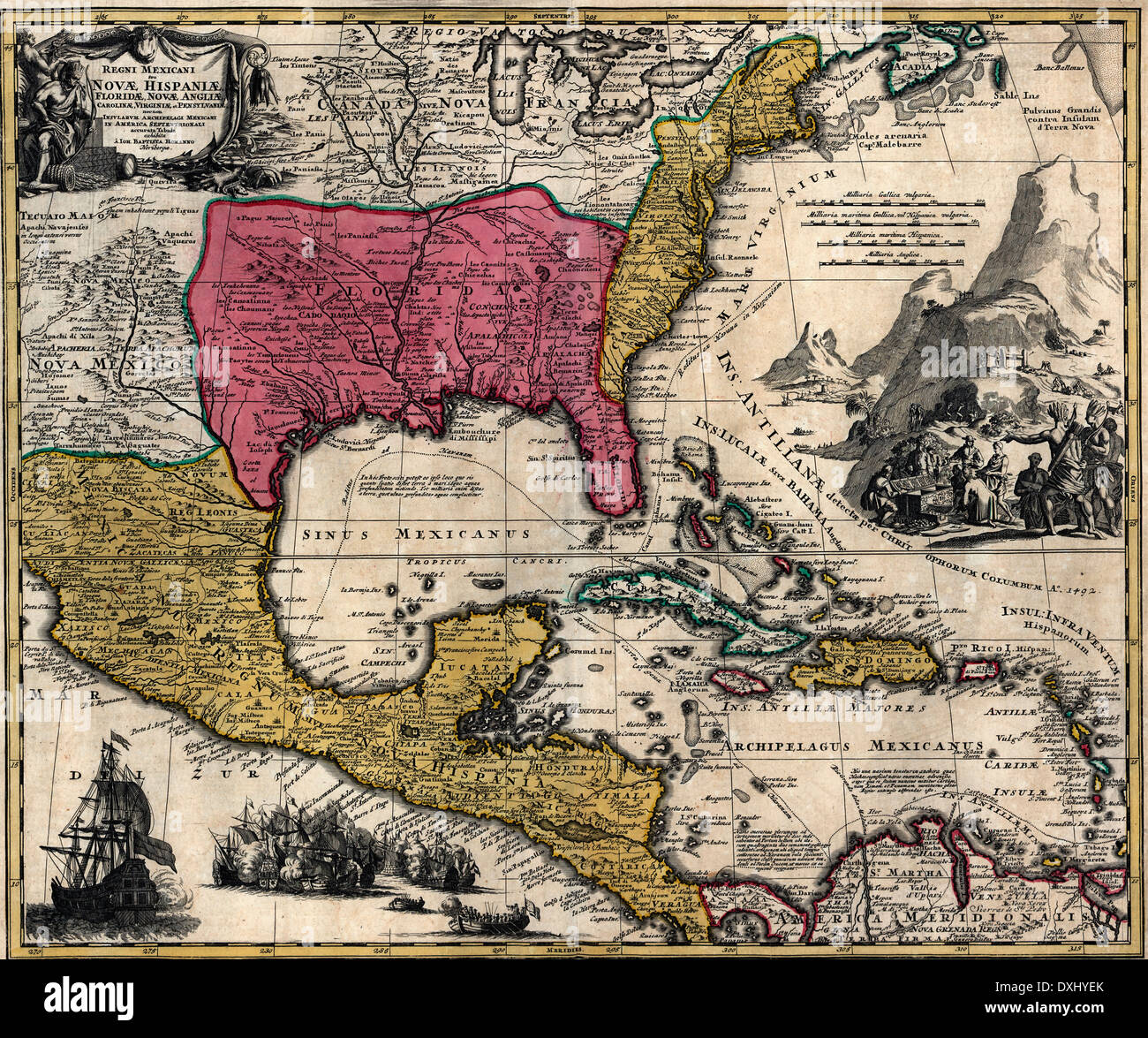 Mapas del reino de Nueva España o México, Florida, Nueva Inglaterra, Carolina del Norte, Virginia y Pennsylvania, México en América del Norte 1759 Foto de stock