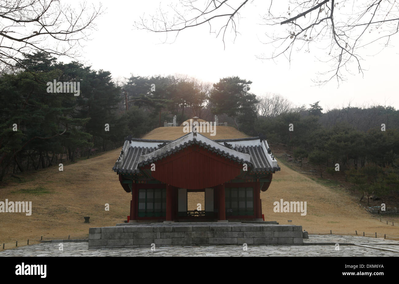 Seúl, Corea del Sur. El 27 de marzo de 2014. Jeongneung Tumba Real es visto, Seúl, Corea del Sur, el jueves 27 de marzo de 2014. La tumba real se encuentra la tumba de la Reina Consorte Sindeok, la segunda esposa del rey Taejo, fundador de la Dinastía Joseon (1392-1910) y fue registrada como Patrimonio Mundial de la UNESCO en junio de 2009, de acuerdo con la Administración del Patrimonio Cultural de Corea del Sur. Foto de stock