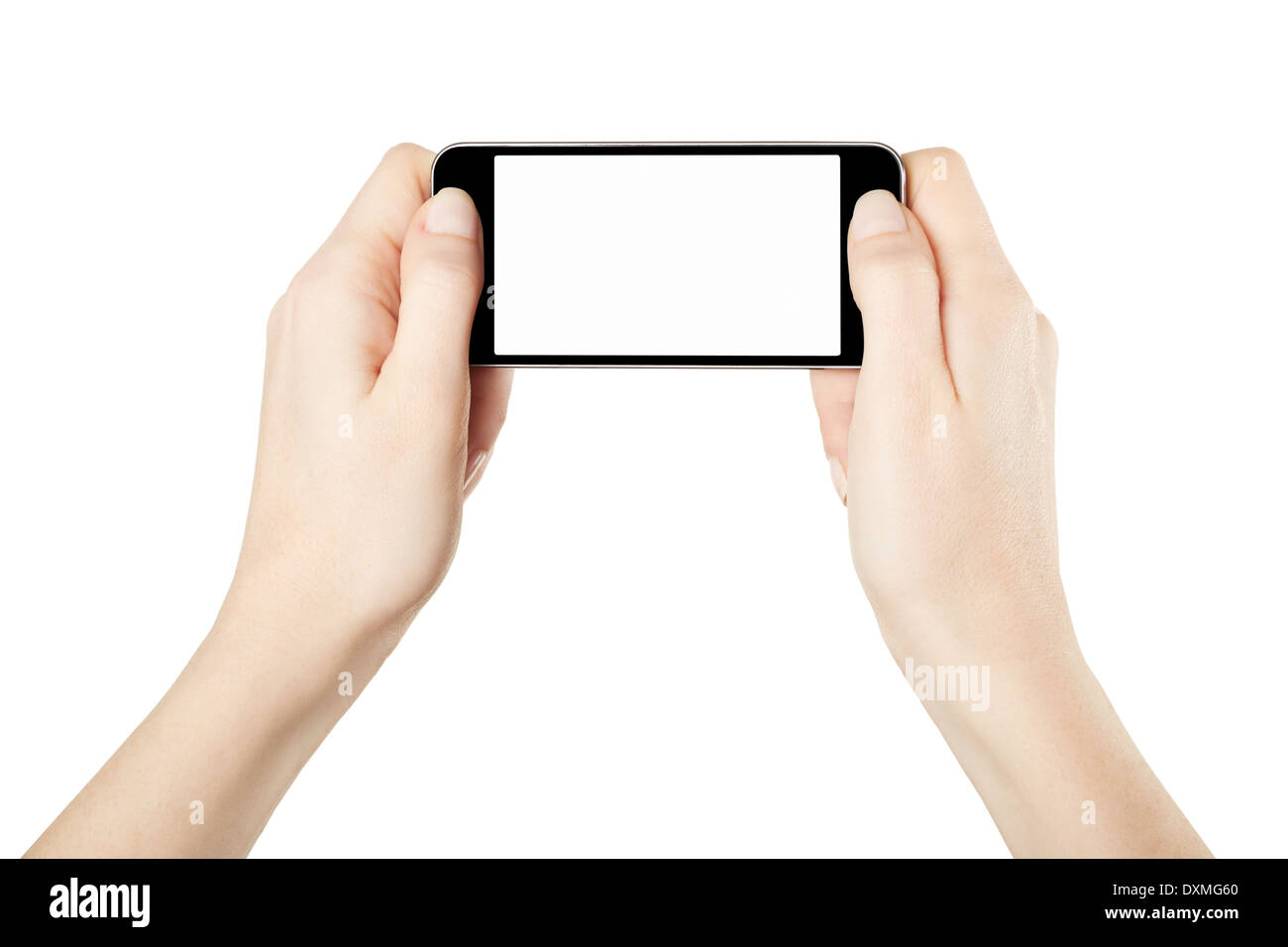 Manos sosteniendo el dispositivo smartphone en horizontal, juegos Foto de stock