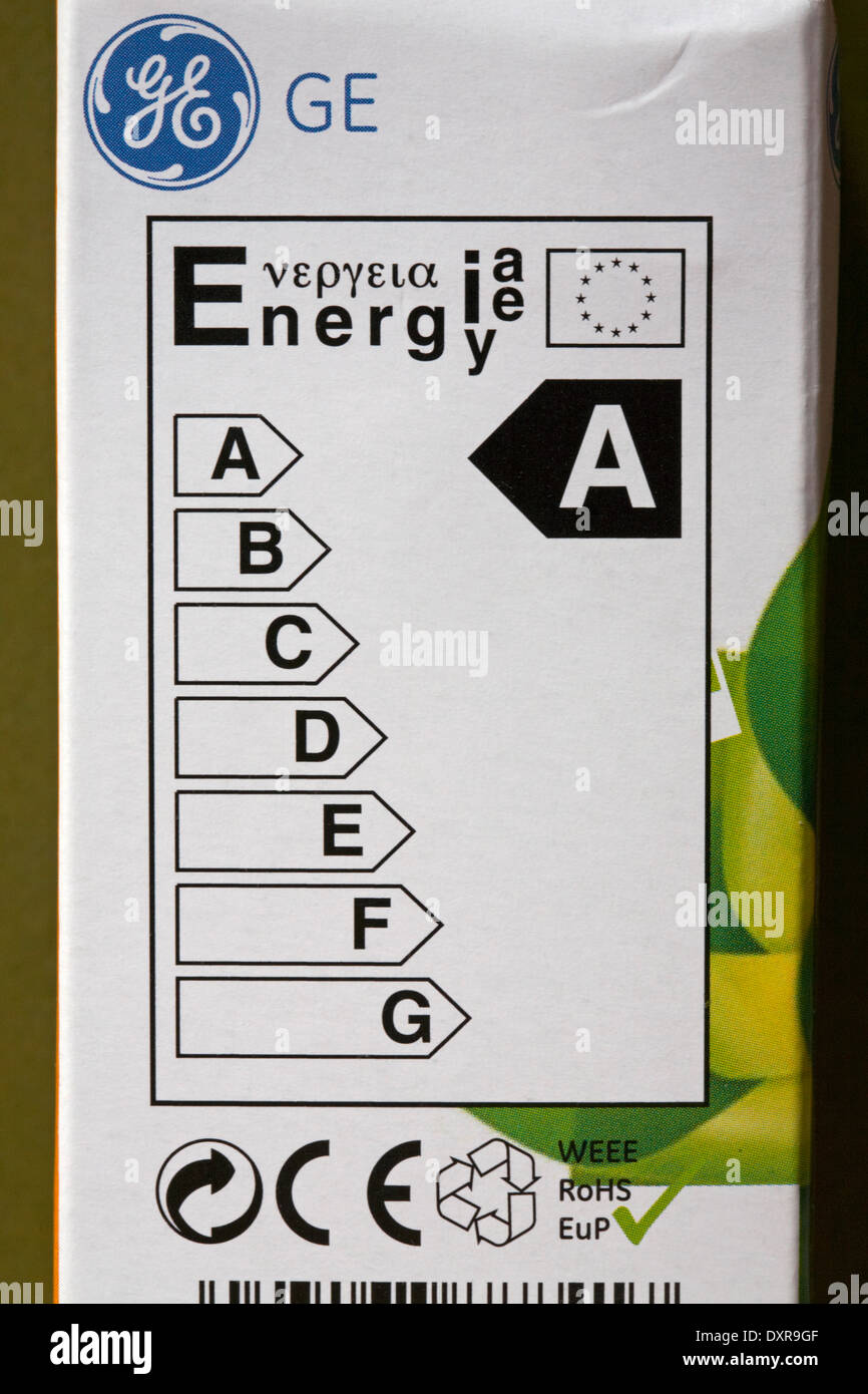 Clasificaciones de energía - Información sobre caja de bombilla de ahorro de energía Foto de stock