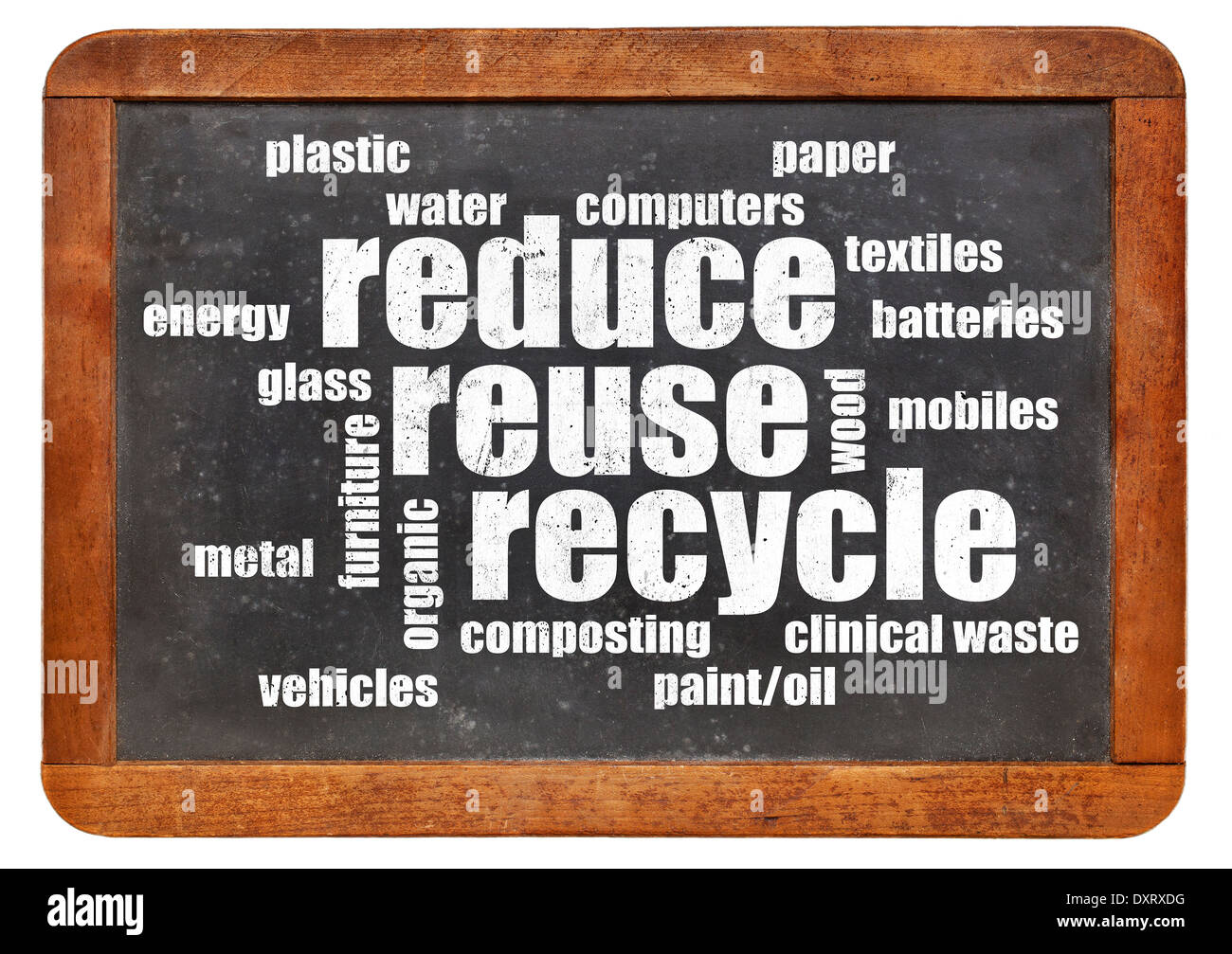 Reducir, reutilizar, reciclar palabra cloud en una pizarra vintage Foto de stock