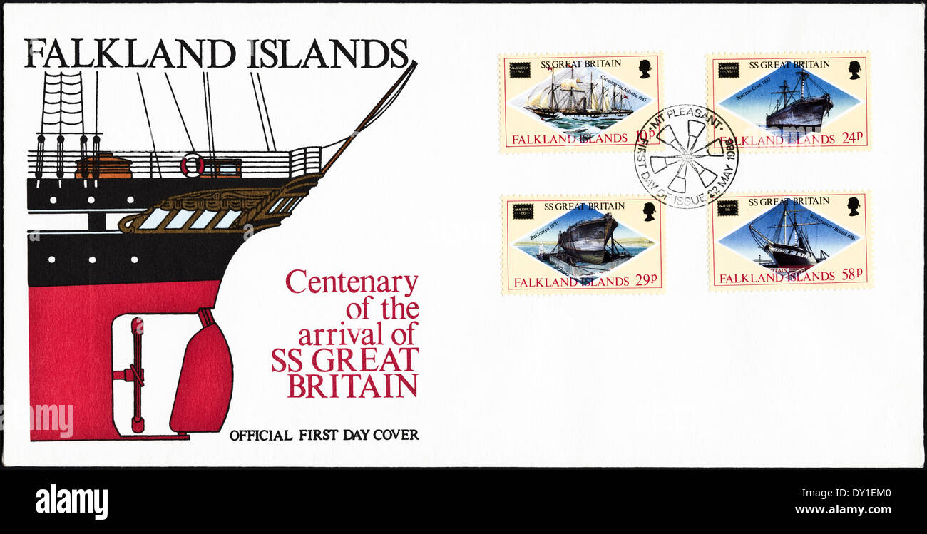 Primer día oficial conmemorativa del centenario de la llegada de SS Gran Bretaña en las Islas Falkland matasellos Mount Pleasant con fecha del 22 de mayo de 1986, 10p, 24p y 29p 58p sellos Foto de stock