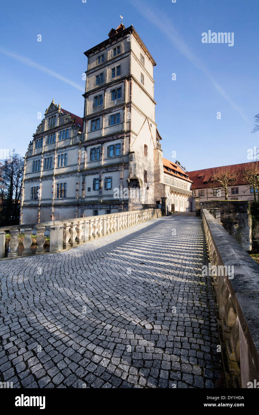 Castillo de freno, museo, castillo moated Weserrenaissance, Lemgo, Renania del Norte-Westfalia, Alemania, Europa Foto de stock