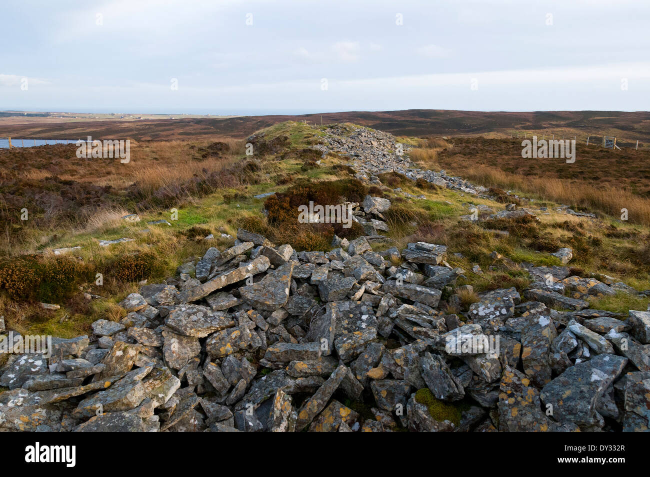 Restos de un prehistórico mojón largo sobre la Arqueología Yarrows Trail, Caithness, Escocia, Reino Unido Foto de stock