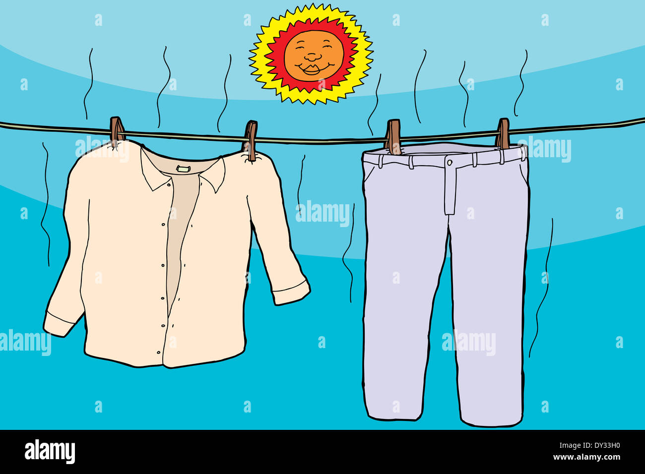 Secado en tendedero de ropa mojada bajo el sol sonriente Fotografía de  stock - Alamy