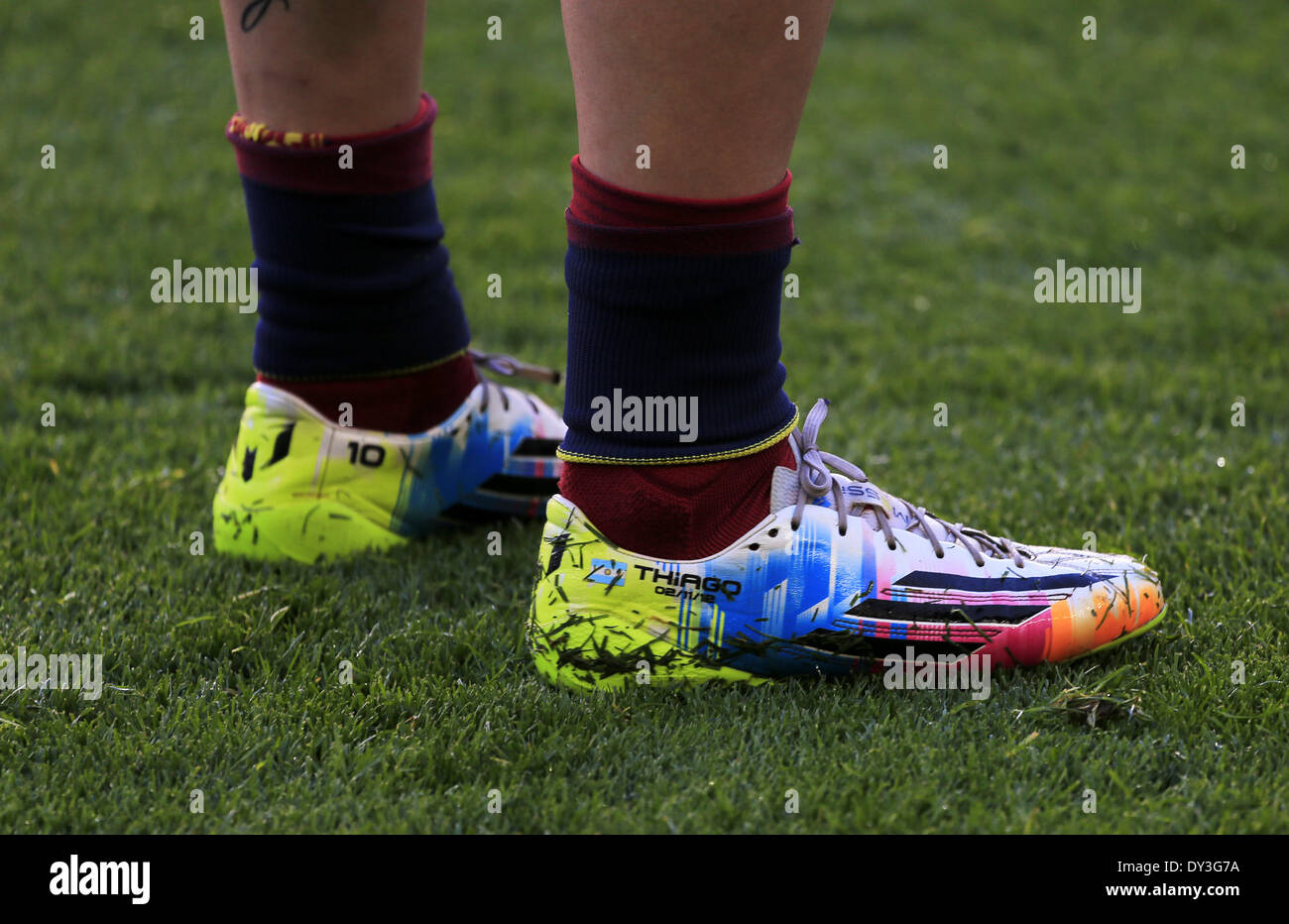Barcelona, España. 5 abr, 2014. Los zapatos de Leo Messi en el partido  entre el FC Barcelona y el Betis en la semana 32 de la liga española, jugó  en el Camp