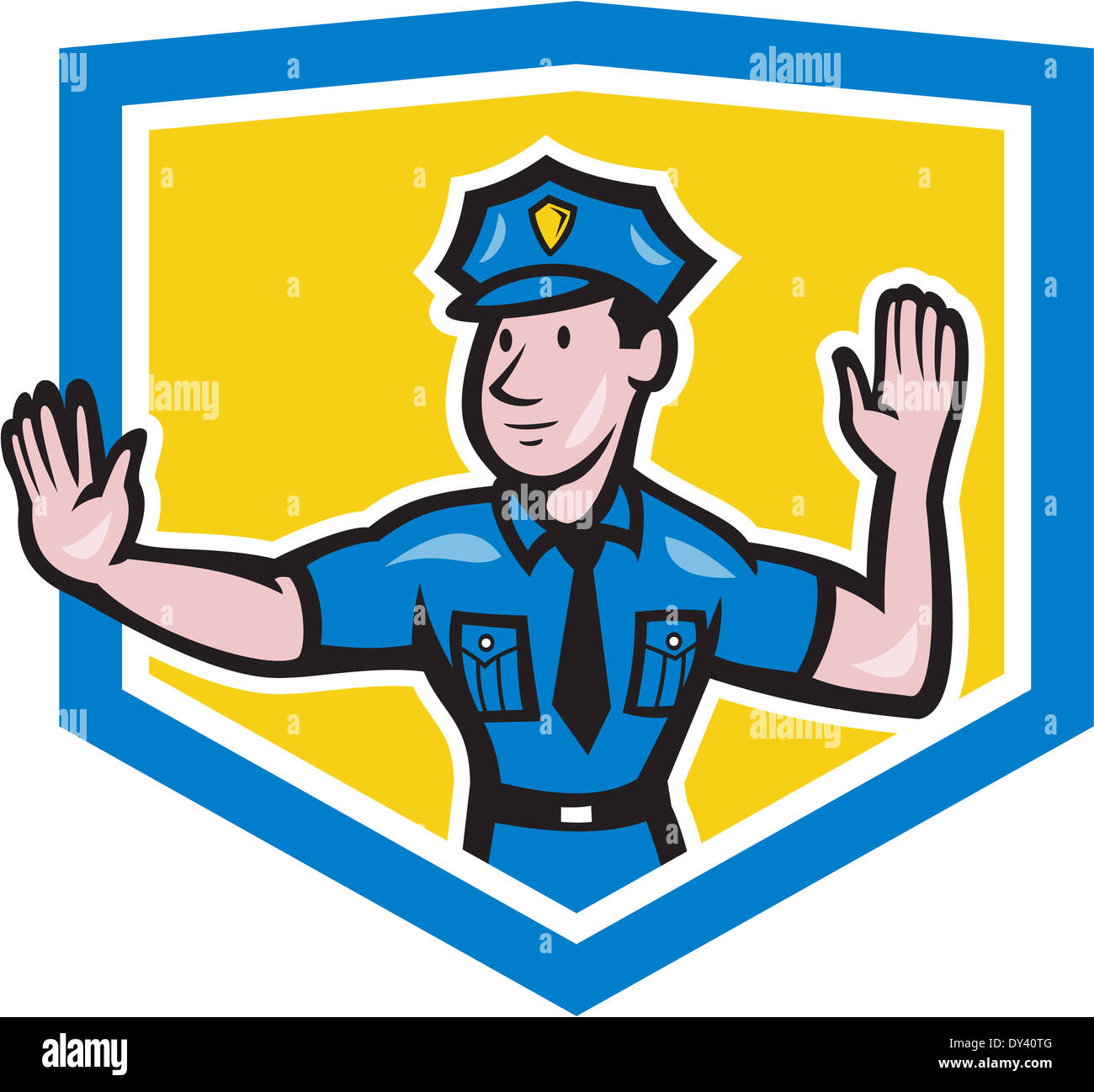 Ilustración de un policía de tránsito policía haciendo una parada señales de mano gesto dentro de Crest escudo hecho en el estilo de dibujos animados sobre el aislamiento del fondo Fotografía de Ilustración de un policía de tránsito policía haciendo una parada señales de mano gesto dentro de Crest escudo hecho en el estilo de dibujos animados sobre el aislamiento del fondo Fotografía de