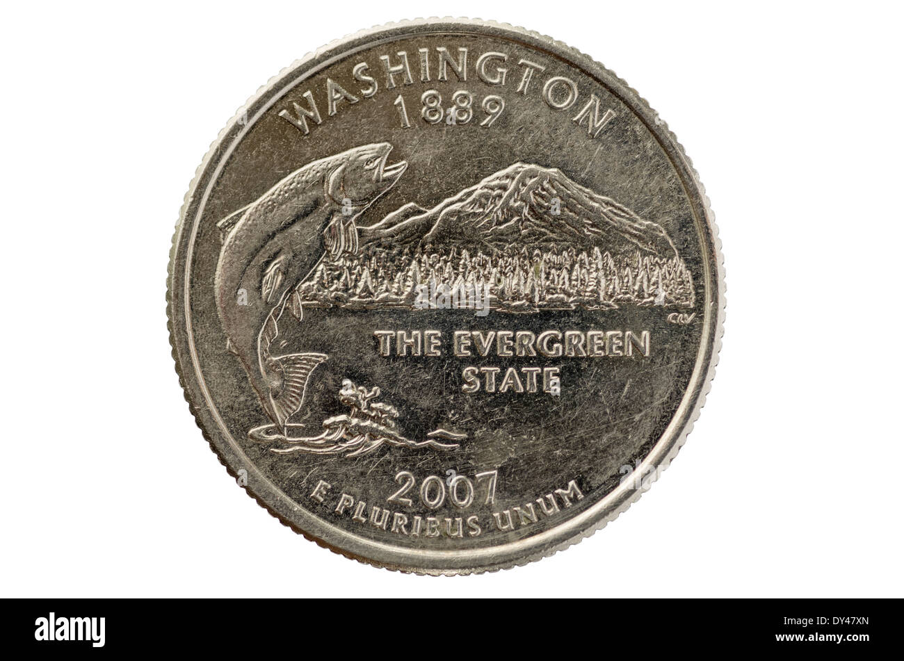 Moneda conmemorativa del estado de Washington trimestre aislado sobre fondo blanco. Foto de stock