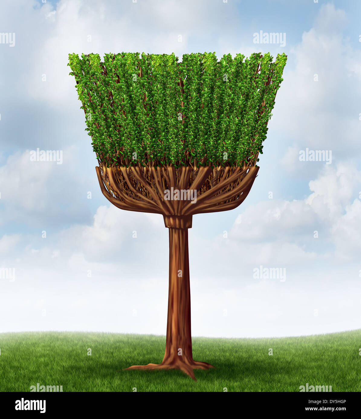 Concepto de limpieza de primavera con un árbol y hojas en forma de escoba y  manejar como un símbolo de la limpieza o las tareas domésticas para limpiar  ans barrer la suciedad