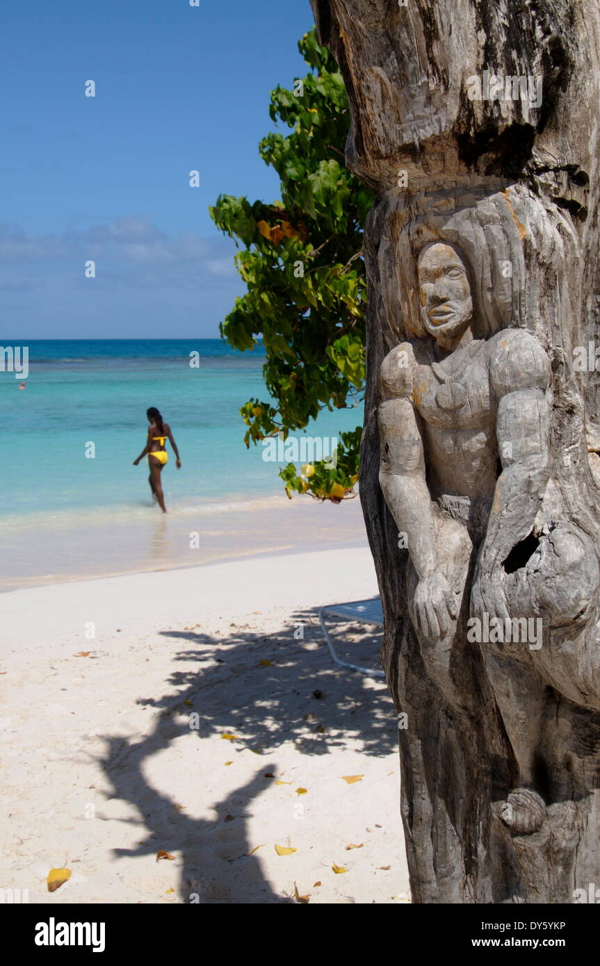 Árbol de madera escultura, Long Bay, Antigua, Islas de Sotavento, Antillas, Caribe, América Central Foto de stock